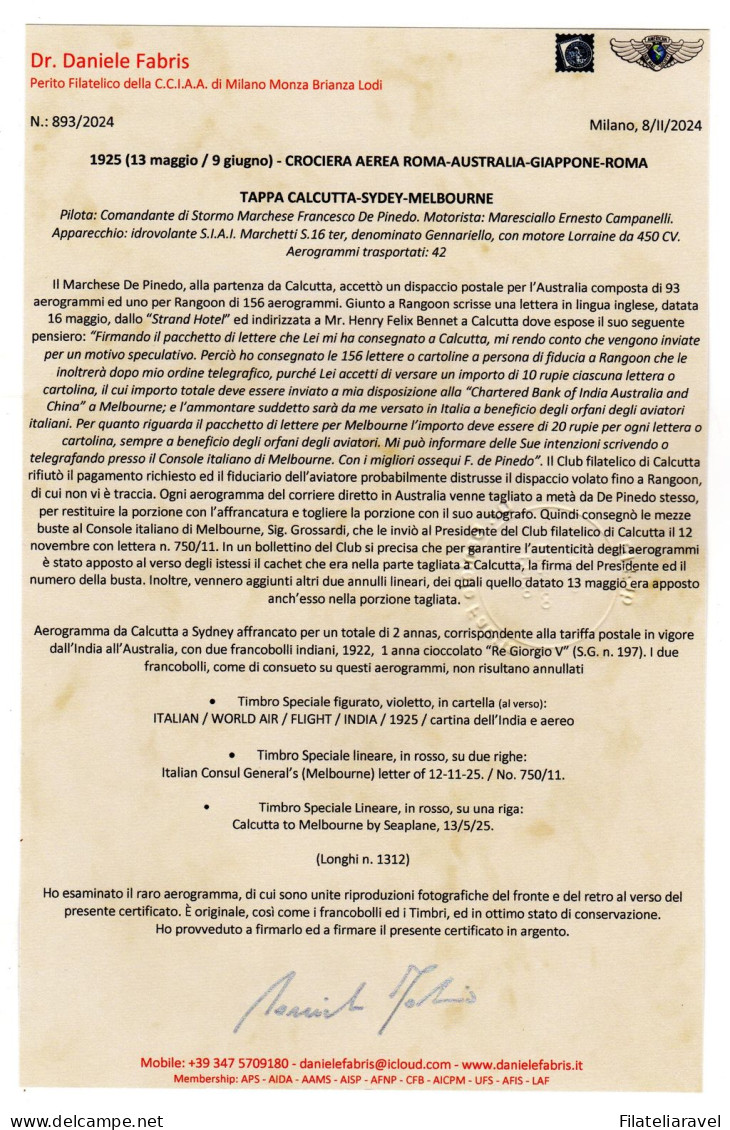 Ltr 1925 Crociera Roma-australia-giappone Roma Pilota De Pinedo Cert. Fabris - Marcofilía (Aviones)