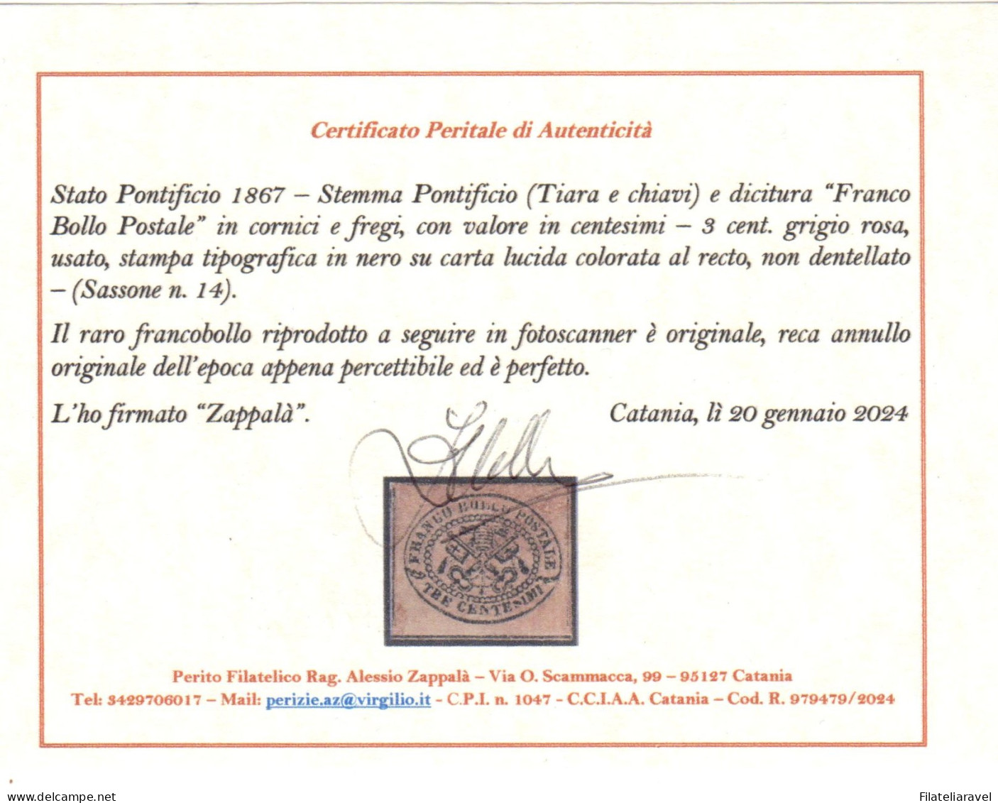 Us Stato Pontificio - Sassone N 14 3 Cent Grigio Rosa Cert Zappala - Estados Pontificados
