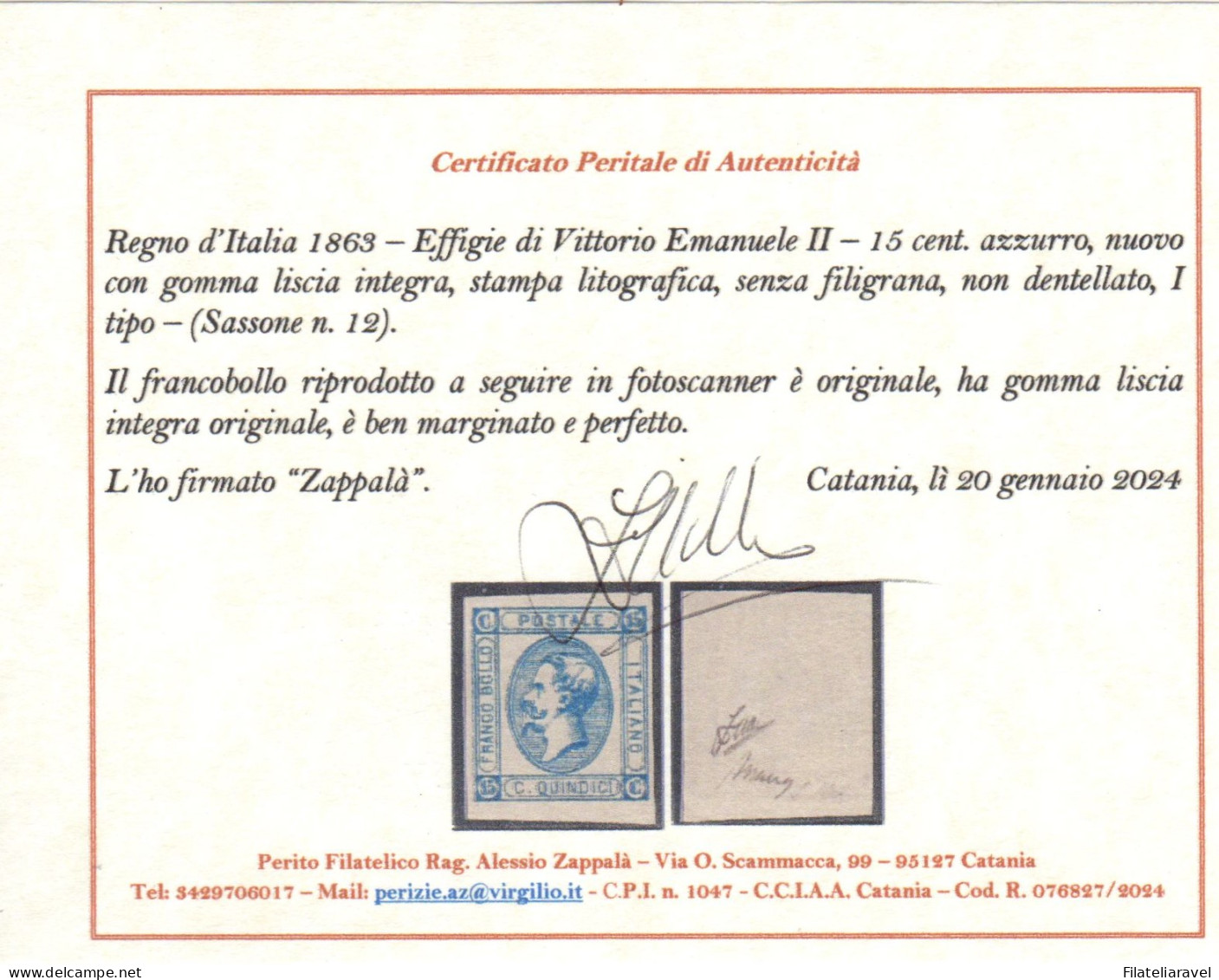 ** Regno - 15 Cent Litografico I Tipo Sassone N 12 Nuovo Con Gomma Integra Cert Zappala - Mint/hinged