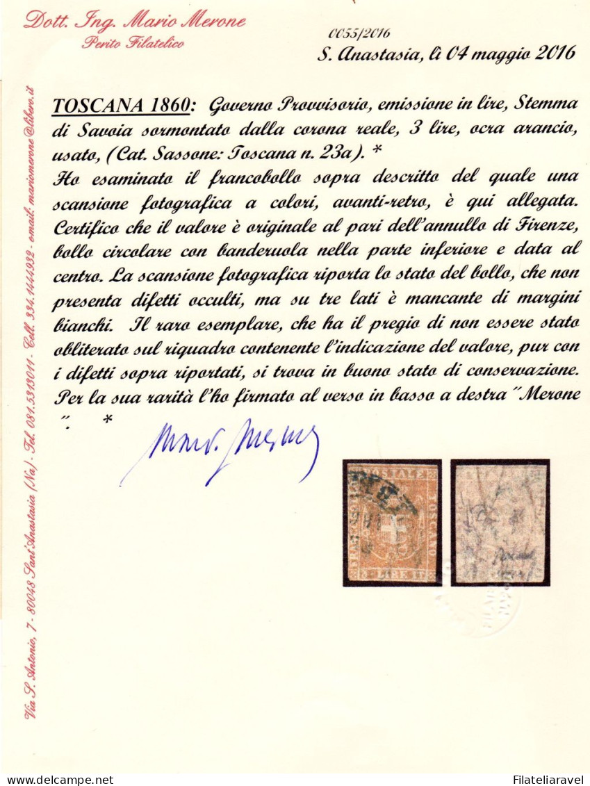 Us 1860 Toscana  GOVERNO PROVVISORIO 3 Lire Usato Ottima Conservazione Pluri Certificato - Toskana