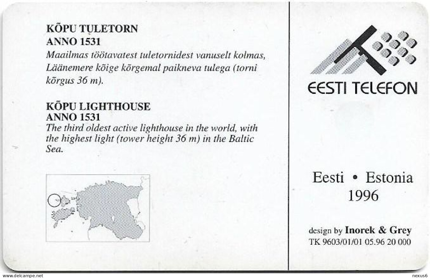 Estonia - Eesti Telefon - Kõpu Lighthouse - 05.1996, 20.000ex, Used - Estland