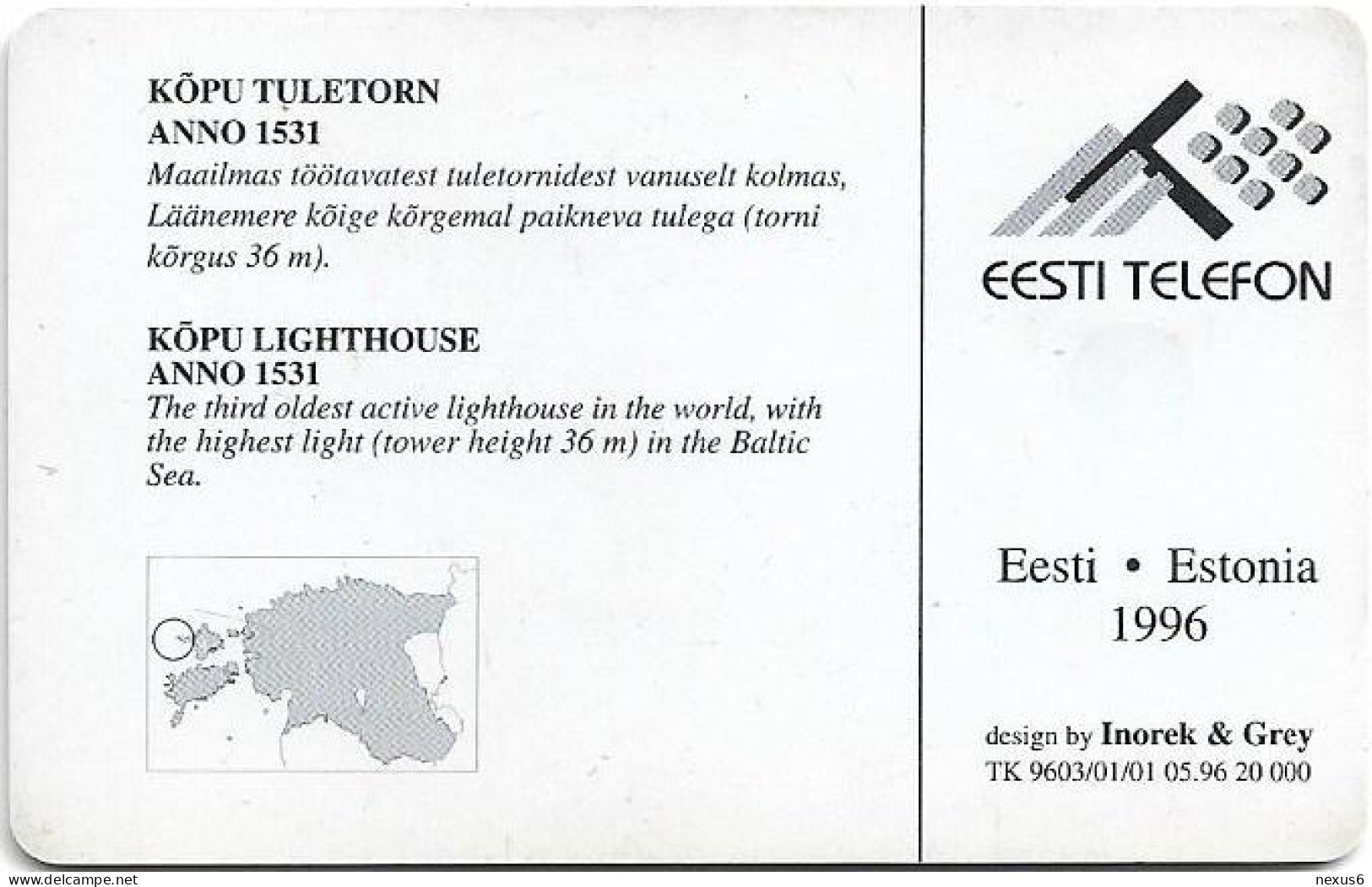 Estonia - Eesti Telefon - Kõpu Lighthouse - 05.1996, 20.000ex, Used - Estonia