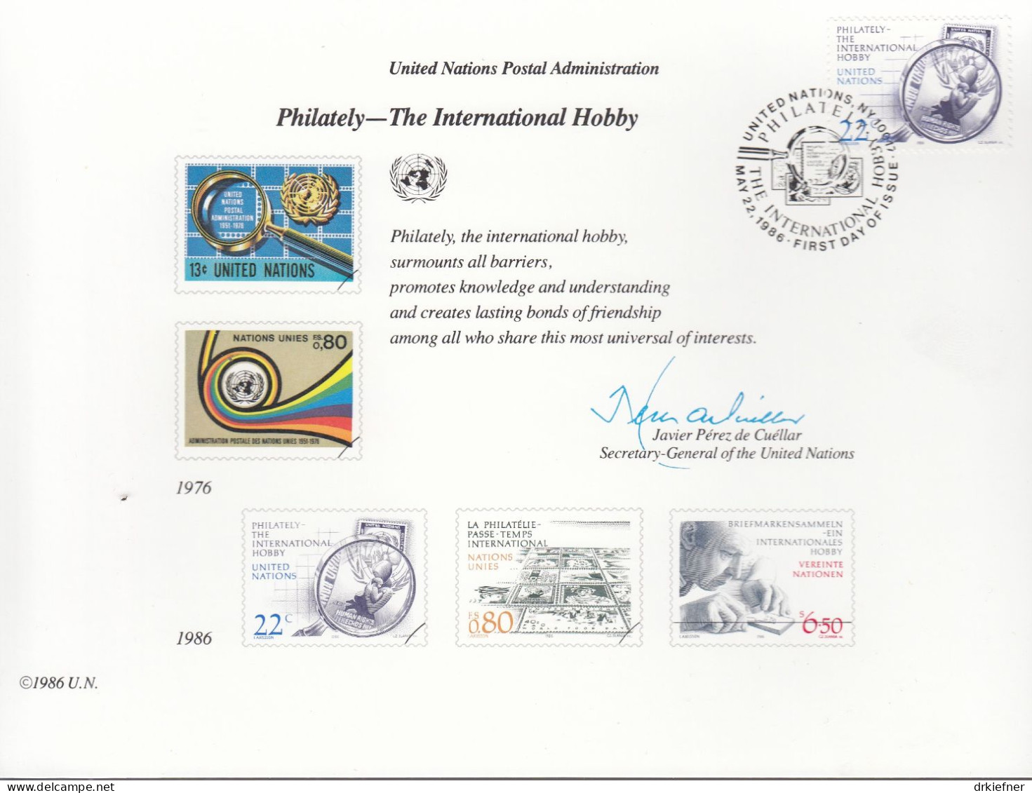 UNO NEW YORK, Erinnerungskarte Nr 29, NY-FDC, Briefmarkensammeln 1986 - Brieven En Documenten