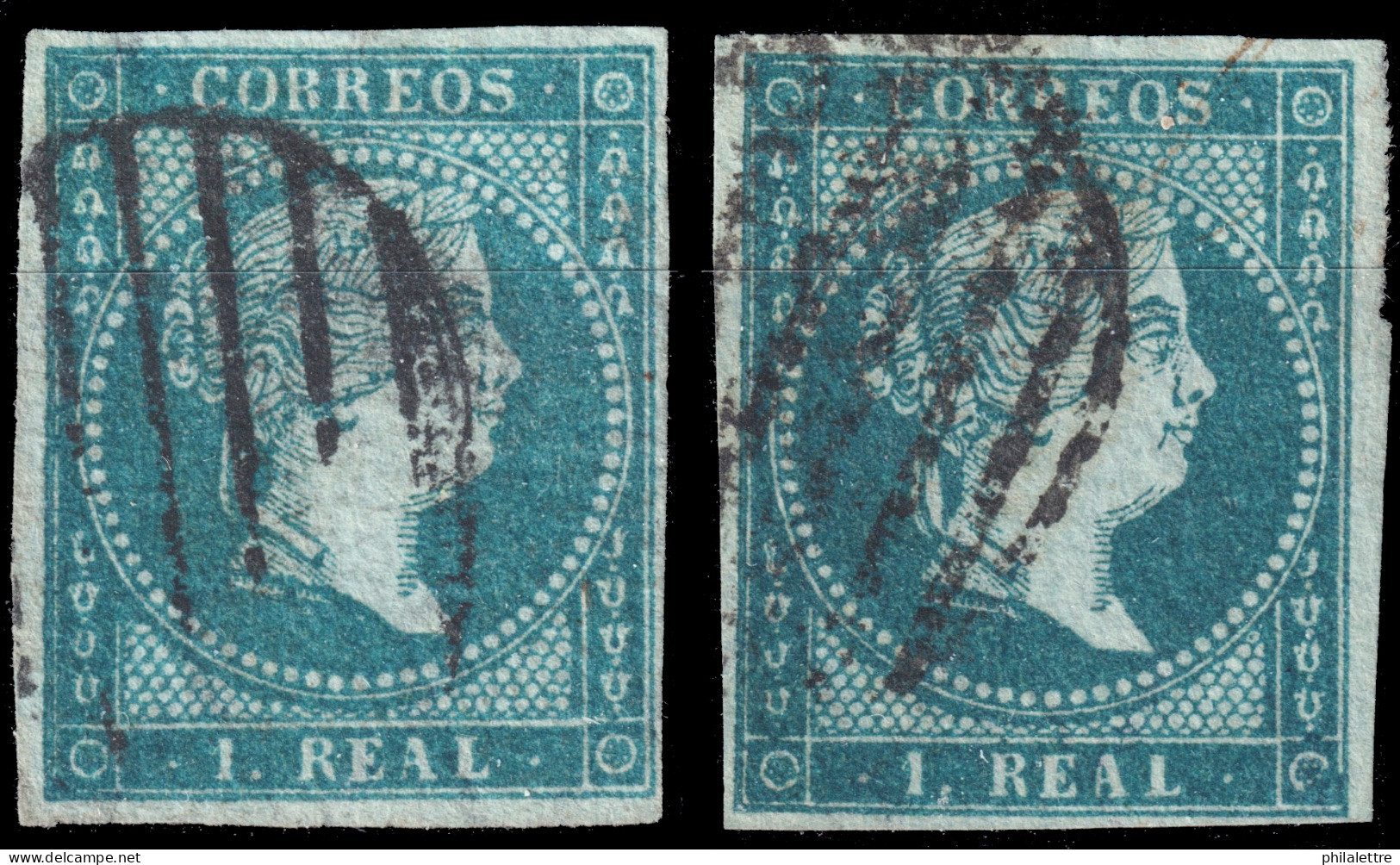 ESPAGNE - ESPAÑA - 1855 2x Ed.41 1R Azul Verdoso - Usado (fil. Lazos) - Gebruikt