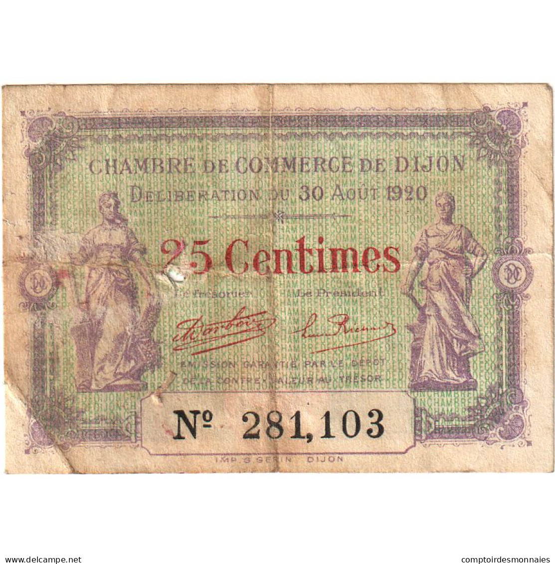 France, Dijon, 25 Centimes, 1920, B, Pirot:53-23 - Cámara De Comercio