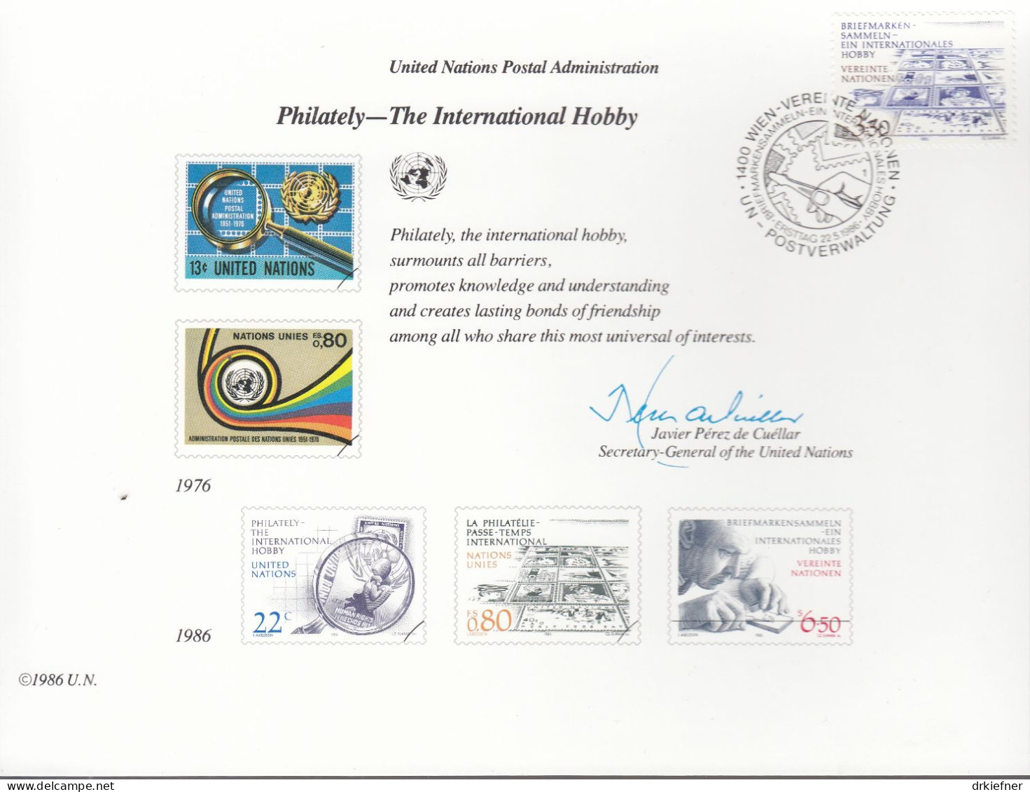 UNO NEW YORK, Erinnerungskarte Nr 29, W-FDC, Briefmarkensammeln 1986 - Brieven En Documenten