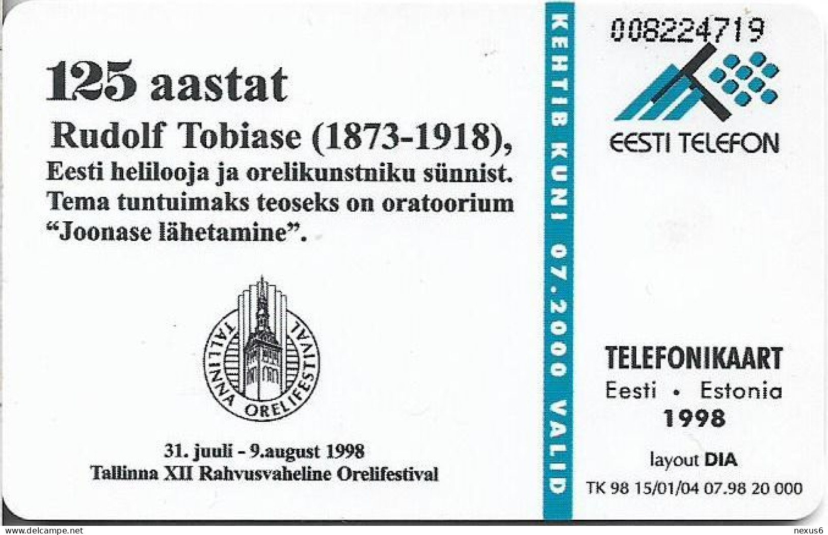 Estonia - Eesti Telefon - Rudolf Tobias Musician, 07.1998, 50Kr, 20.000ex, Used - Estland