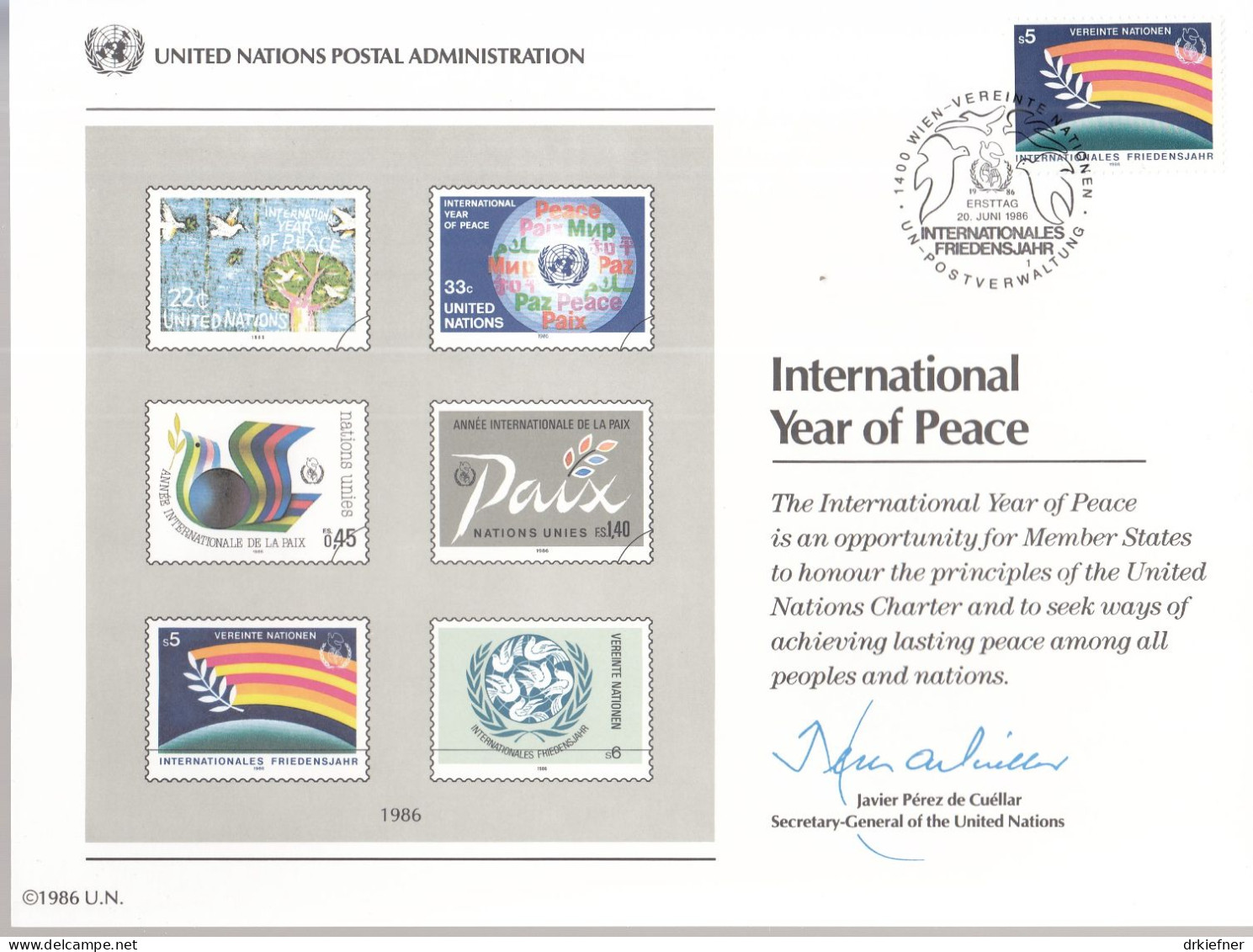 UNO NEW YORK  Erinnerungskarte 30, W-FDC, Jahr Des Friedens , 1986 - Cartas & Documentos