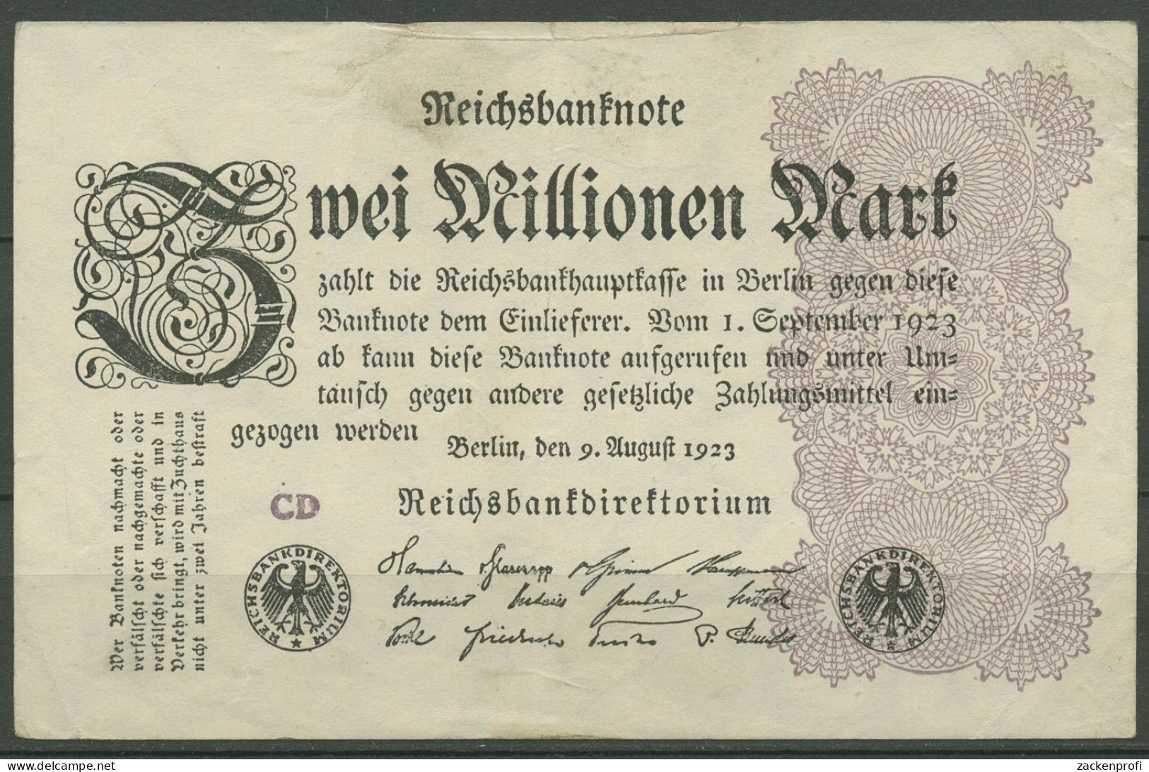 Dt. Reich 2 Millionen Mark 1923, DEU-116c FZ CD, Gebraucht (K1249) - 2 Mio. Mark