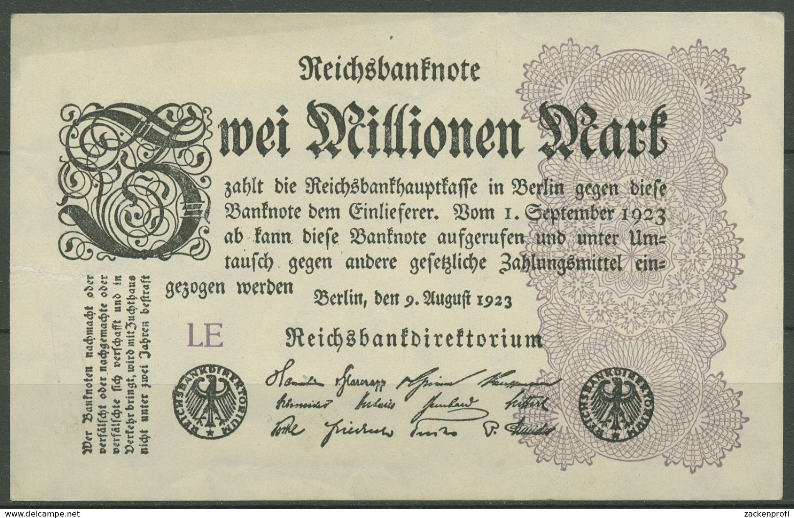 Dt. Reich 2 Millionen Mark 1923, DEU-116d FZ LE, Leicht Gebraucht (K1253) - 2 Millionen Mark