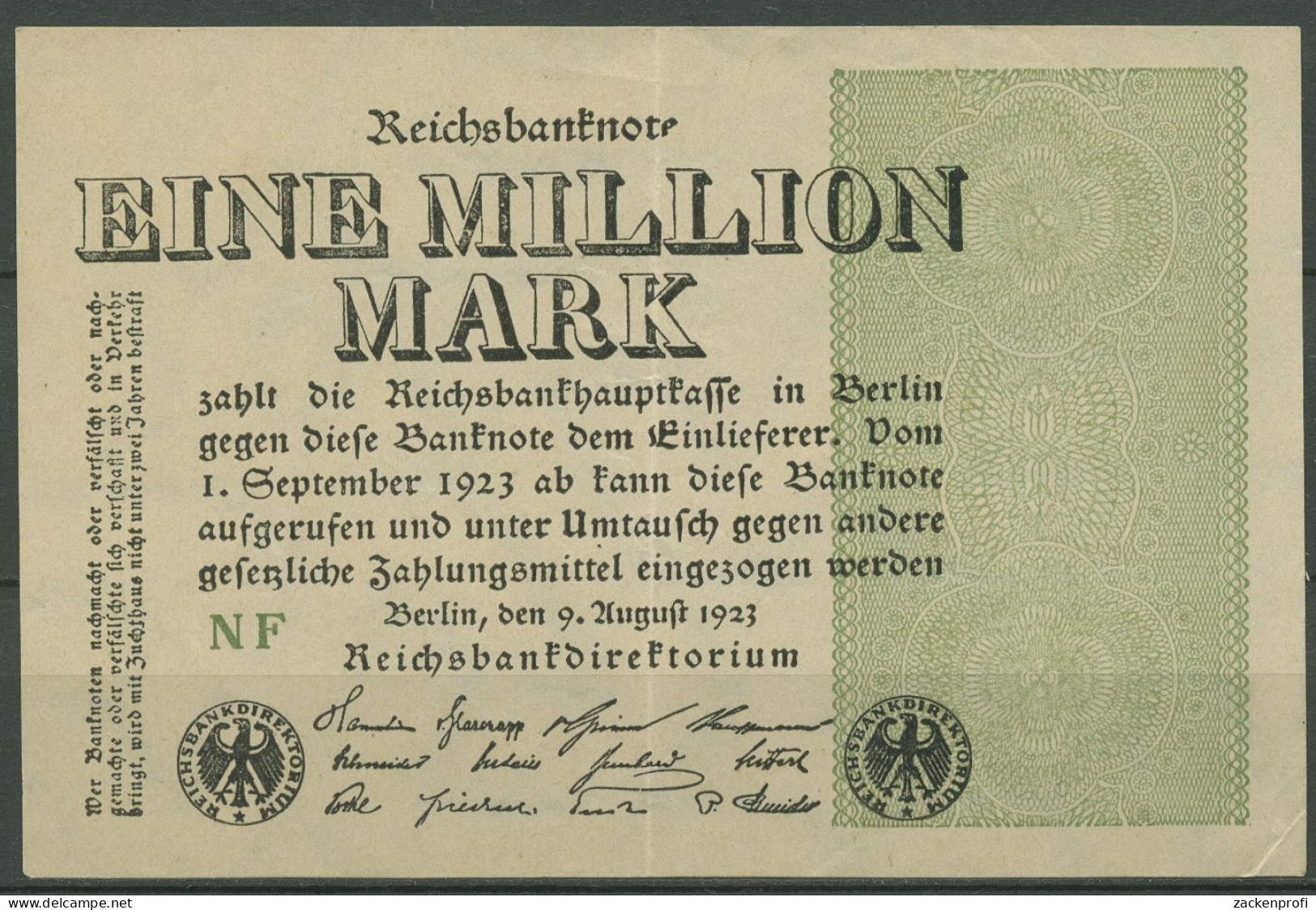 Dt. Reich 1 Million Mark 1923, DEU-114d FZ NF, Gebraucht (K1287) - 1 Miljoen Mark
