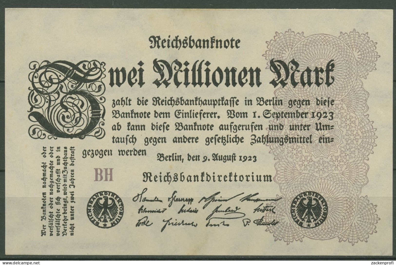 Dt. Reich 2 Millionen Mark 1923, DEU-116d FZ BH, Leicht Gebraucht (K1260) - 2 Mio. Mark