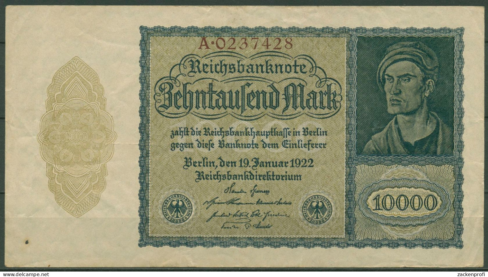 Dt. Reich 10000 Mark 1922, DEU-78a, Gebraucht, Kl Loch (K1443) - 10.000 Mark