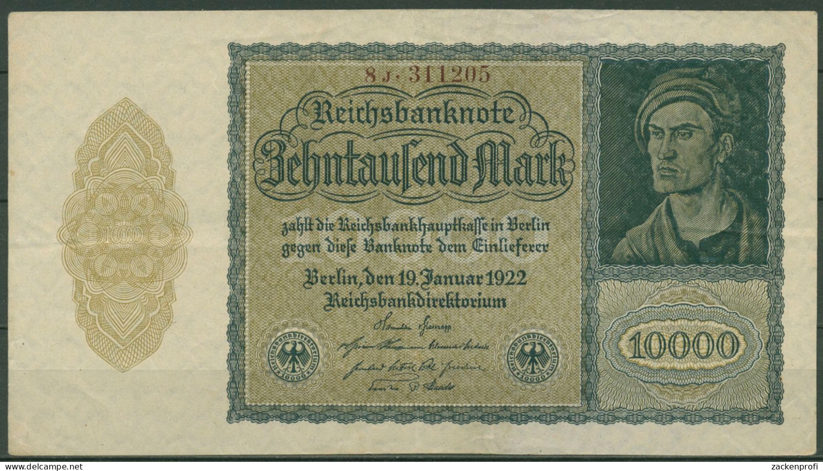 Dt. Reich 10000 Mark 1922, DEU-78c FZ J, Leicht Gebraucht (K1448) - 10.000 Mark