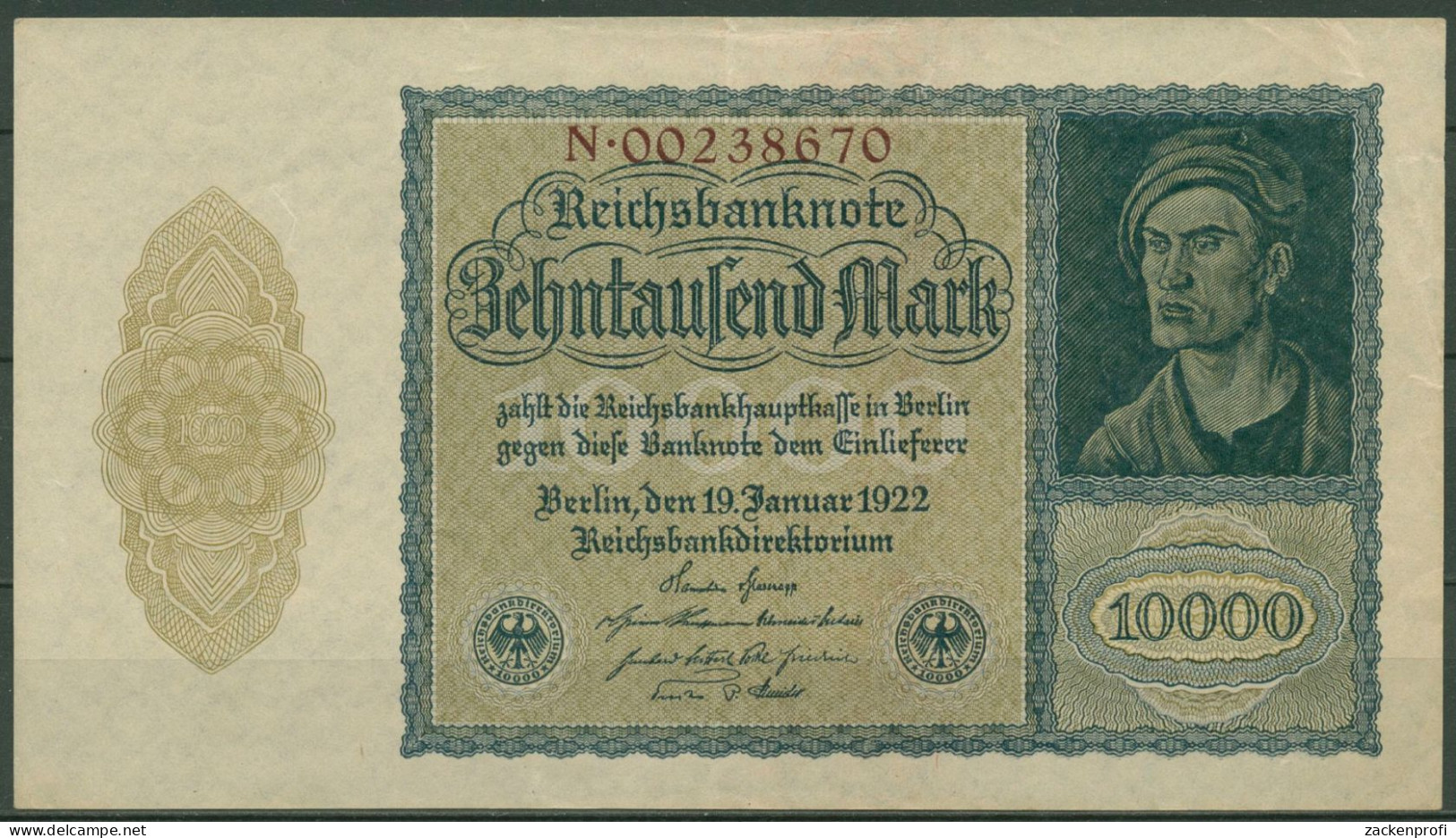 Dt. Reich 10000 Mark 1922, DEU-78b Serie N, Leicht Gebraucht (K1444) - 10.000 Mark