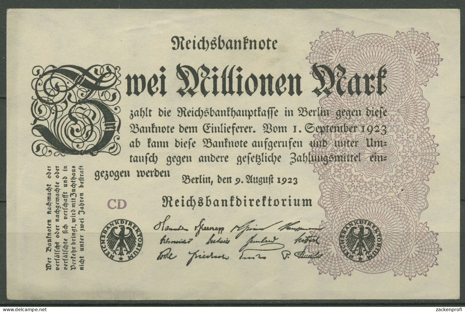 Dt. Reich 2 Millionen Mark 1923, DEU-116d FZ CD, Leicht Gebraucht (K1257) - 2 Miljoen Mark