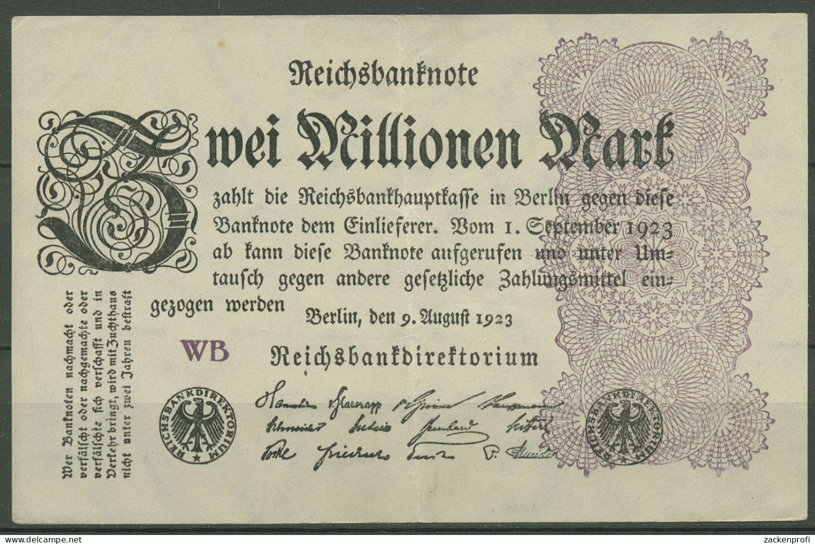 Dt. Reich 2 Millionen Mark 1923, DEU-116d FZ WB, Leicht Gebraucht (K1259) - 2 Mio. Mark