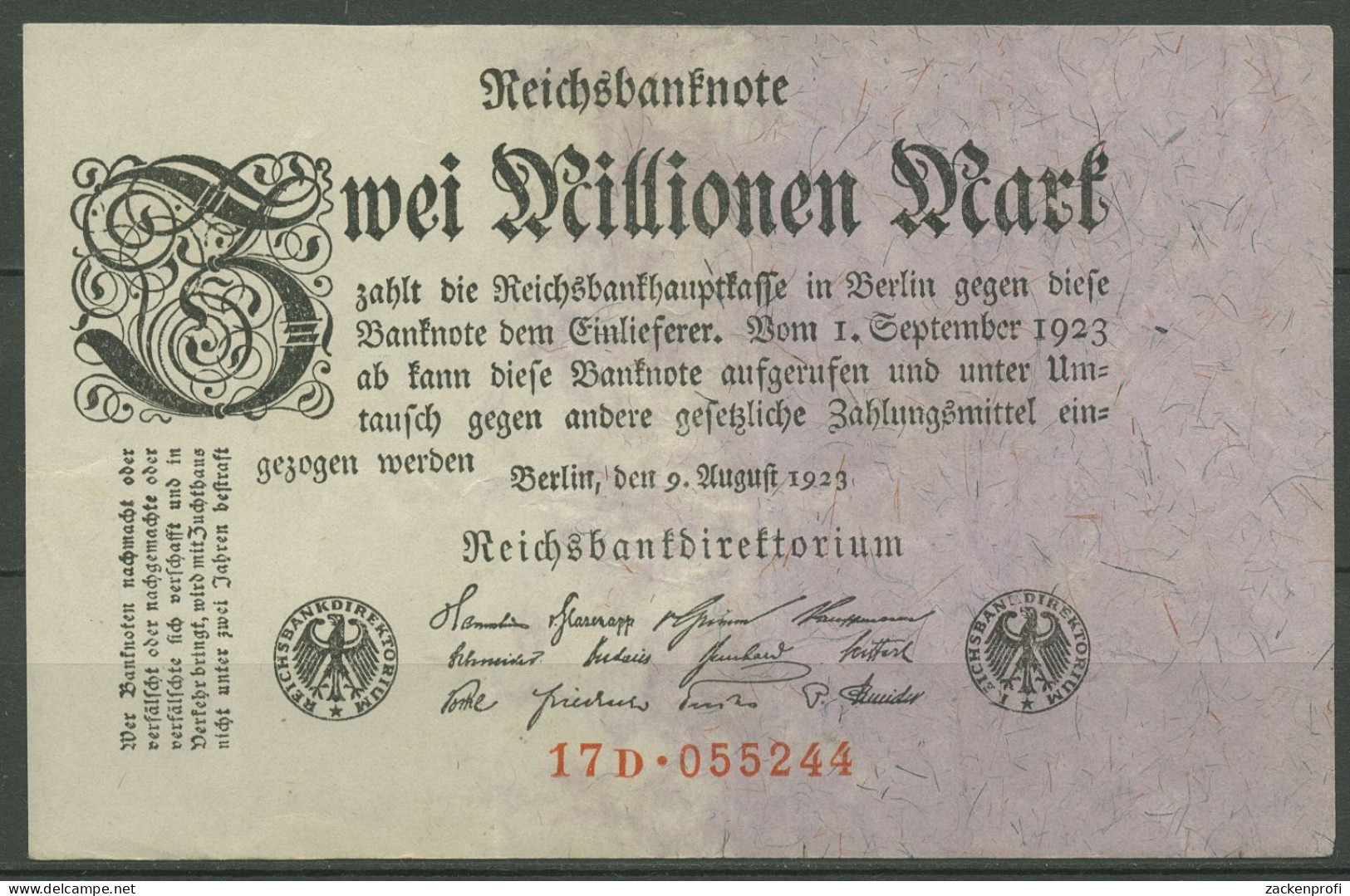 Dt. Reich 2 Millionen Mark 1923, DEU-115c FZ D, Leicht Gebraucht (K1273) - 2 Miljoen Mark