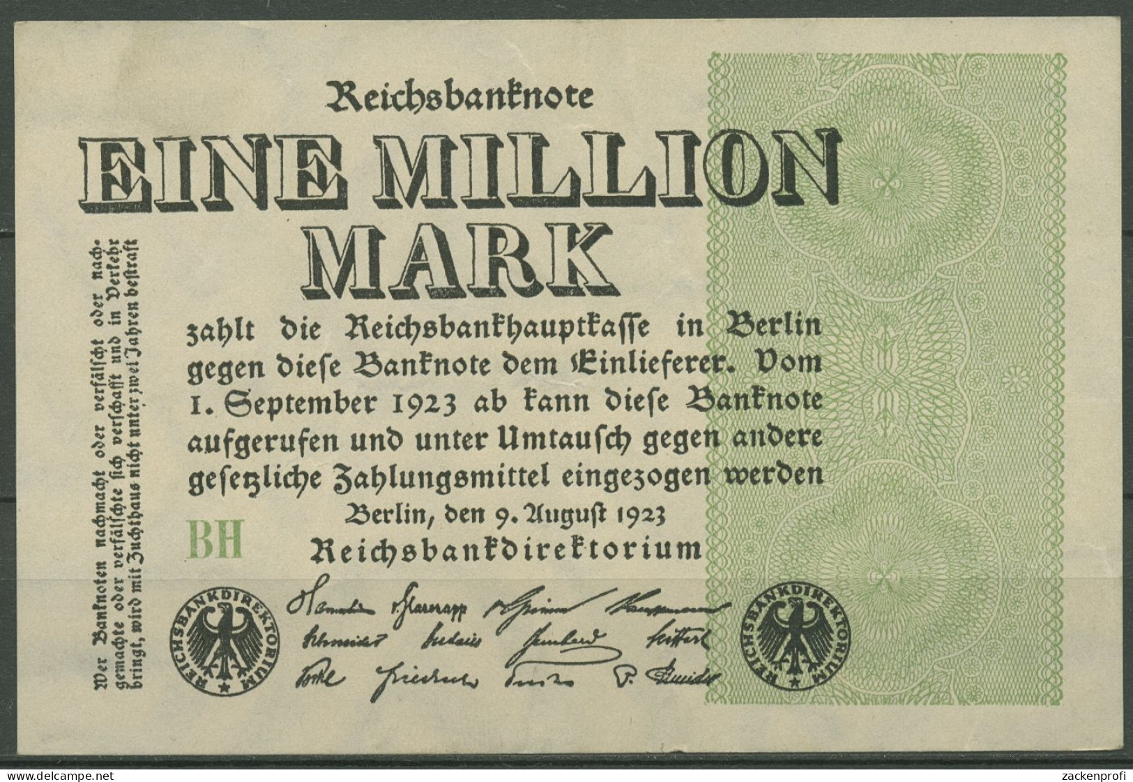 Dt. Reich 1 Million Mark 1923, DEU-114d FZ BH, Leicht Gebraucht (K1288) - 1 Miljoen Mark