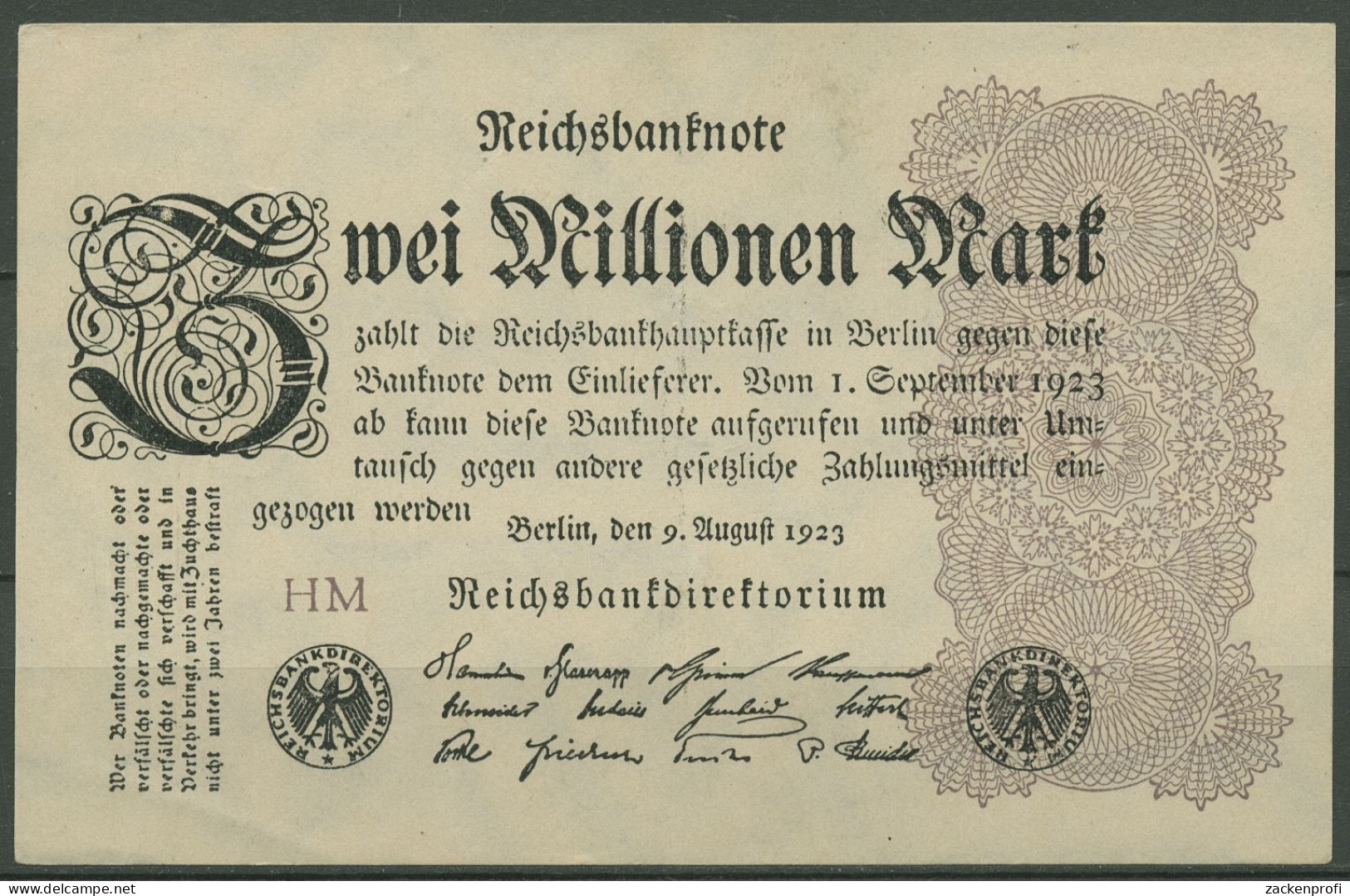Dt. Reich 2 Millionen Mark 1923, DEU-116d FZ HM, Leicht Gebraucht (K1261) - 2 Miljoen Mark