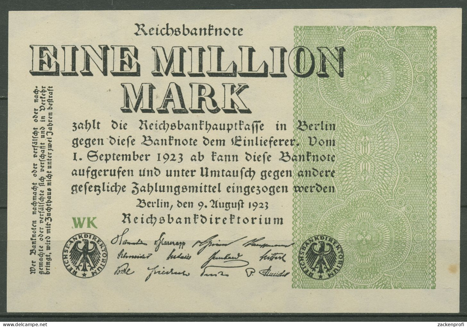 Dt. Reich 1 Million Mark 1923, DEU-114d FZ WK, Leicht Gebraucht (K1285) - 1 Million Mark