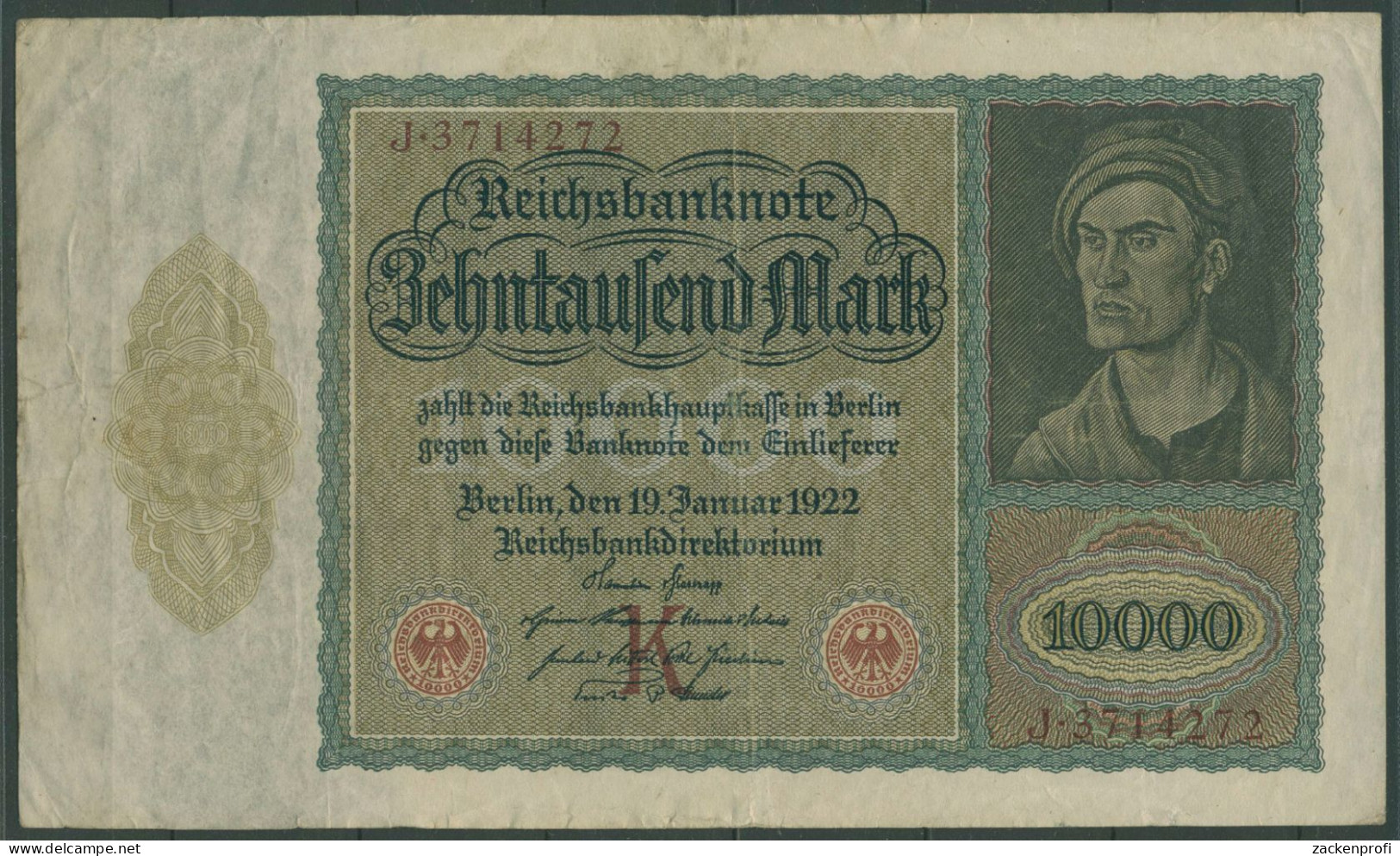 Dt. Reich 10000 Mark 1922, DEU-76 Serie K/J, Gebraucht (K1455) - 10.000 Mark