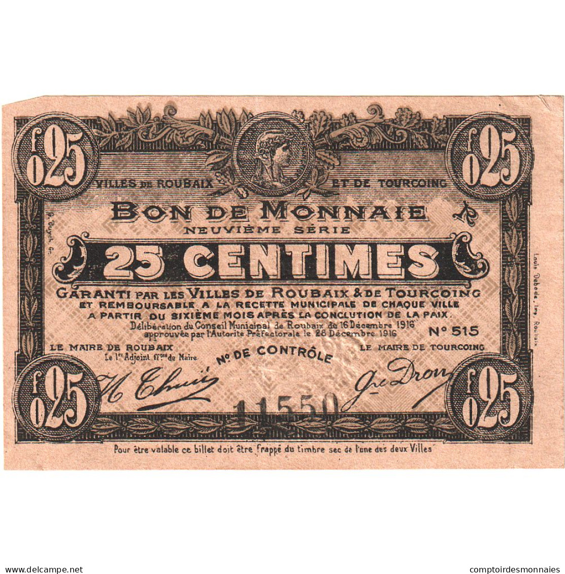 France, ROUBAIX Et TOURCOING, 25 Centimes, 1916-12-16, TTB, Pirot:59-2160 - Bons & Nécessité