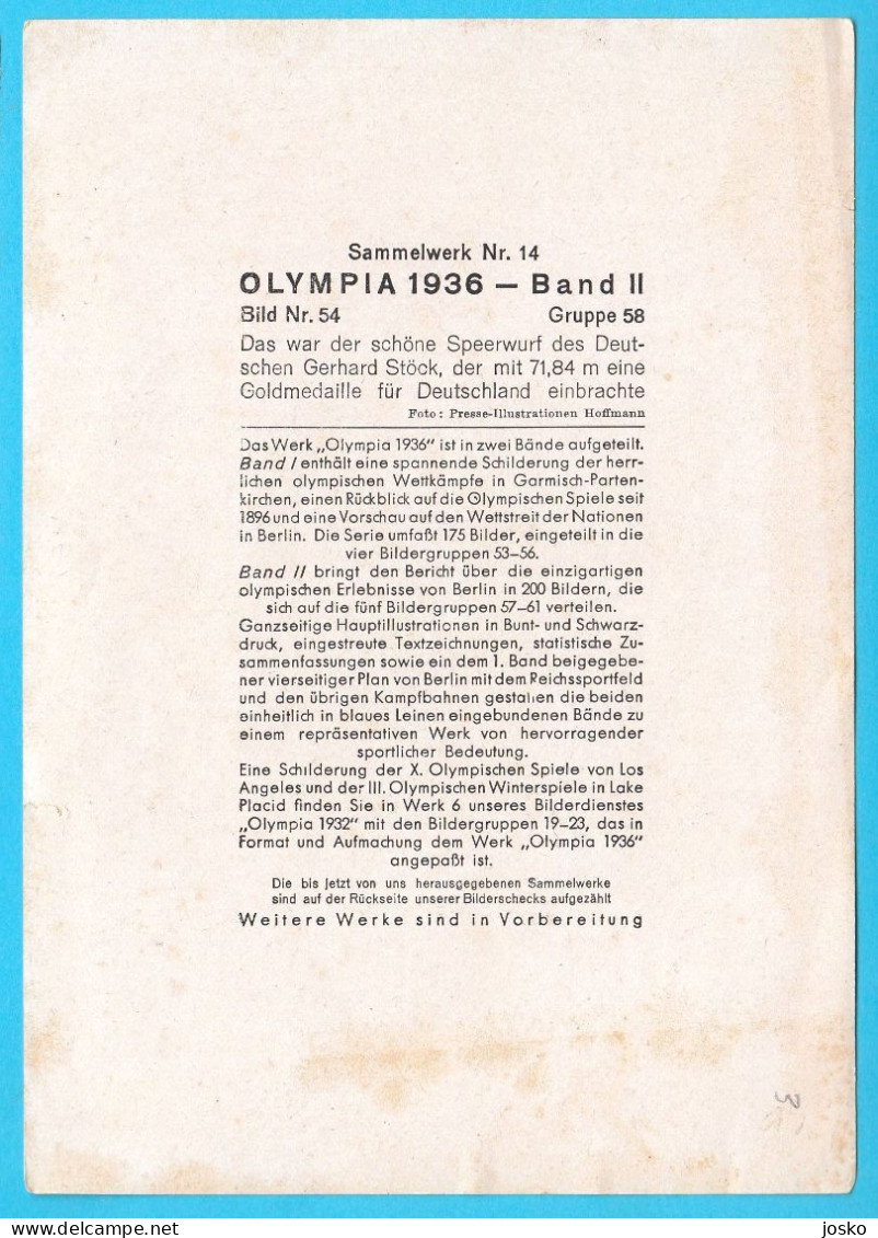 OLYMPIC GAMES BERLIN 1936 - JAVELIN THROW (ATHLETICS) Gold Medalist GERHARD STOCK * Lancer Du Javelot Speerwerfen - Trading Cards