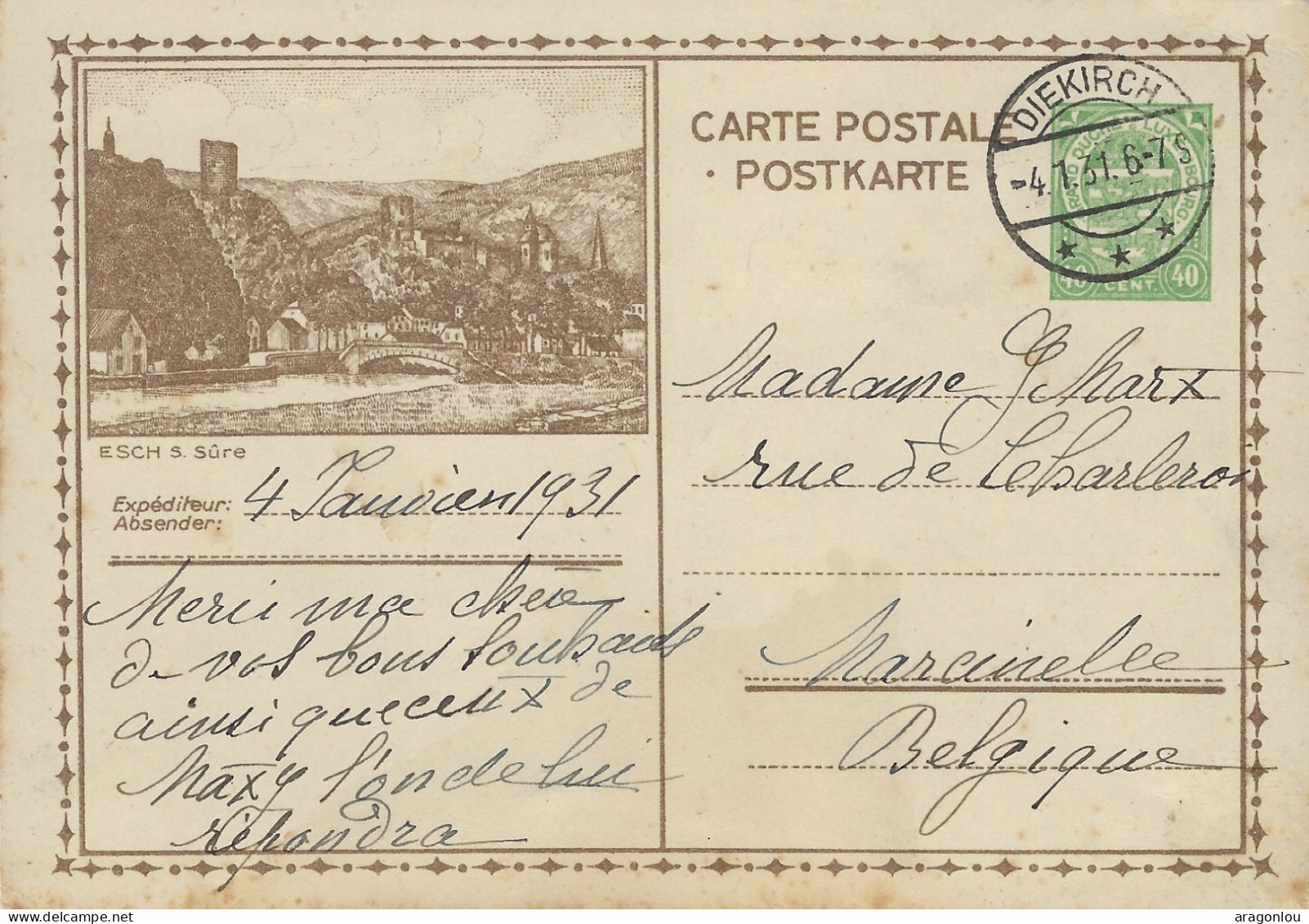 Luxembourg - Luxemburg - Carte - Postale 1931    Esch S. Sûre  -  Cachets   Diekirch - Stamped Stationery