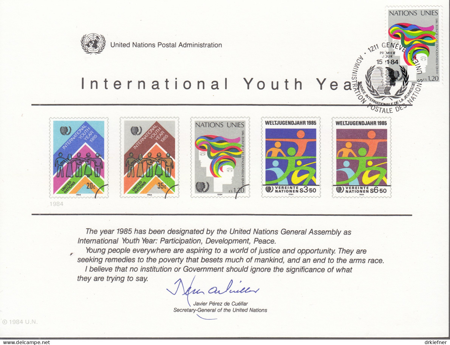 UNO NEW YORK  Erinnerungskarte 26, G-FDC, Jahr Der Jugend, 1984 - Briefe U. Dokumente