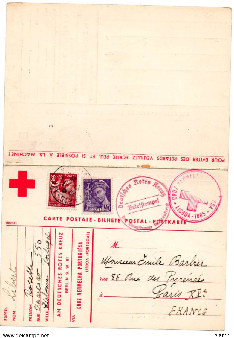 PORTUGAL. 1942. MESSAGE CROIX-ROUGE PORTUGAISE. VIA ALEMAGNE ET FRANCE. CARTE POSTALE REPONSE (non Utilisée). - Marcophilie