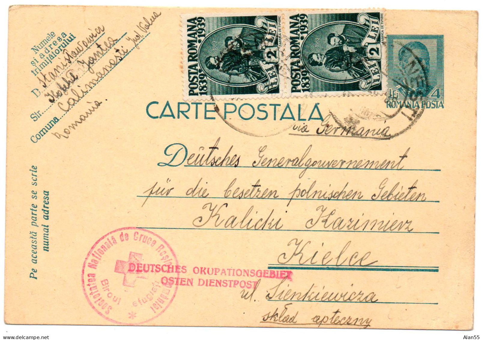 ROUMANIE. 1939 .RARE ENTIER POSTAL. INTERNE POLONAIS."DEUTSCHES OKUPATIONS GEBIET OSTEN DIENSTPOST". - Lettres 2ème Guerre Mondiale