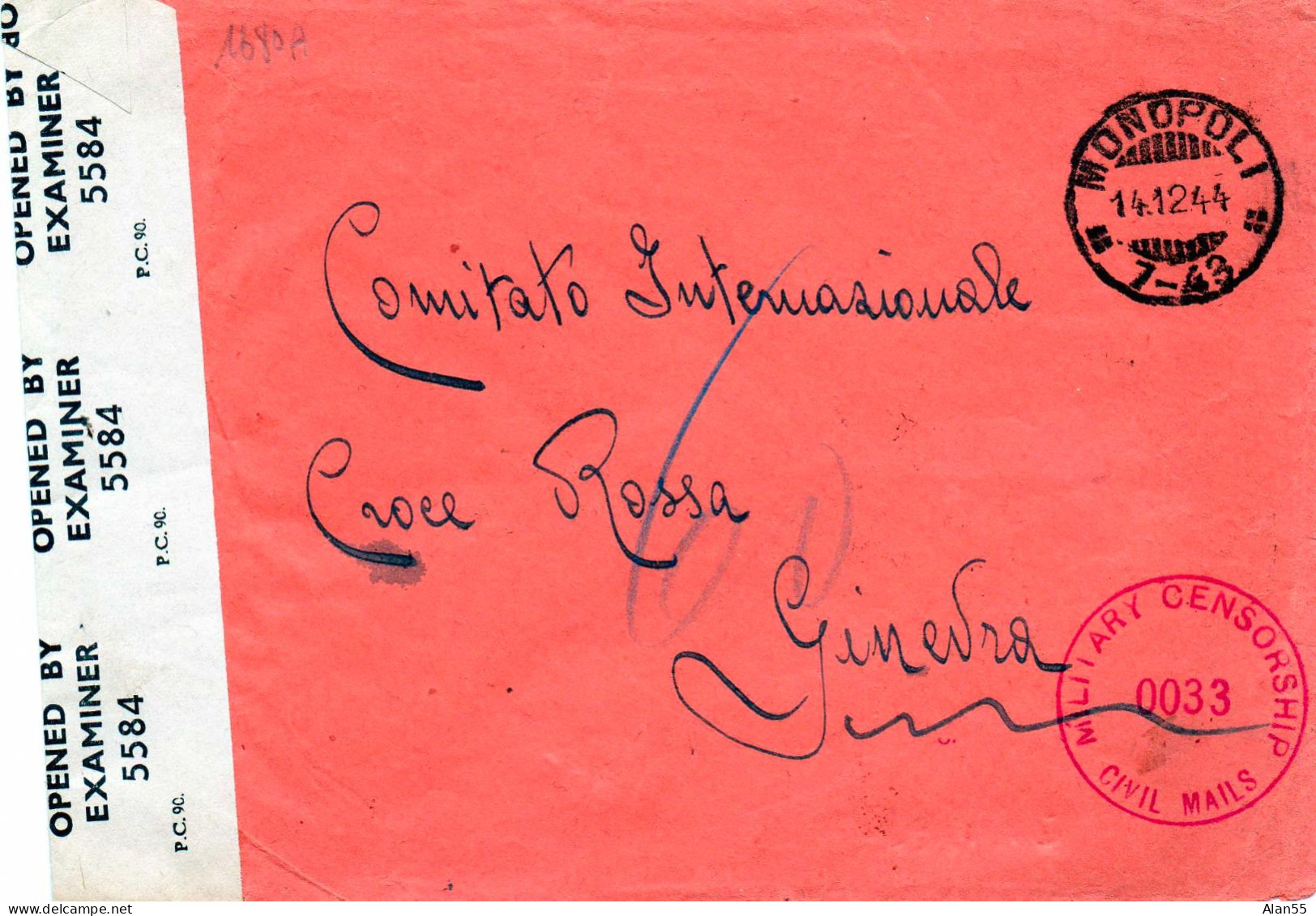 ITALIE.1944. TRIPLE CENSURE POUR "A.P.G.CROIX-ROUGE".GENÈVE.   - Anglo-Amerik. Bez.: Naples