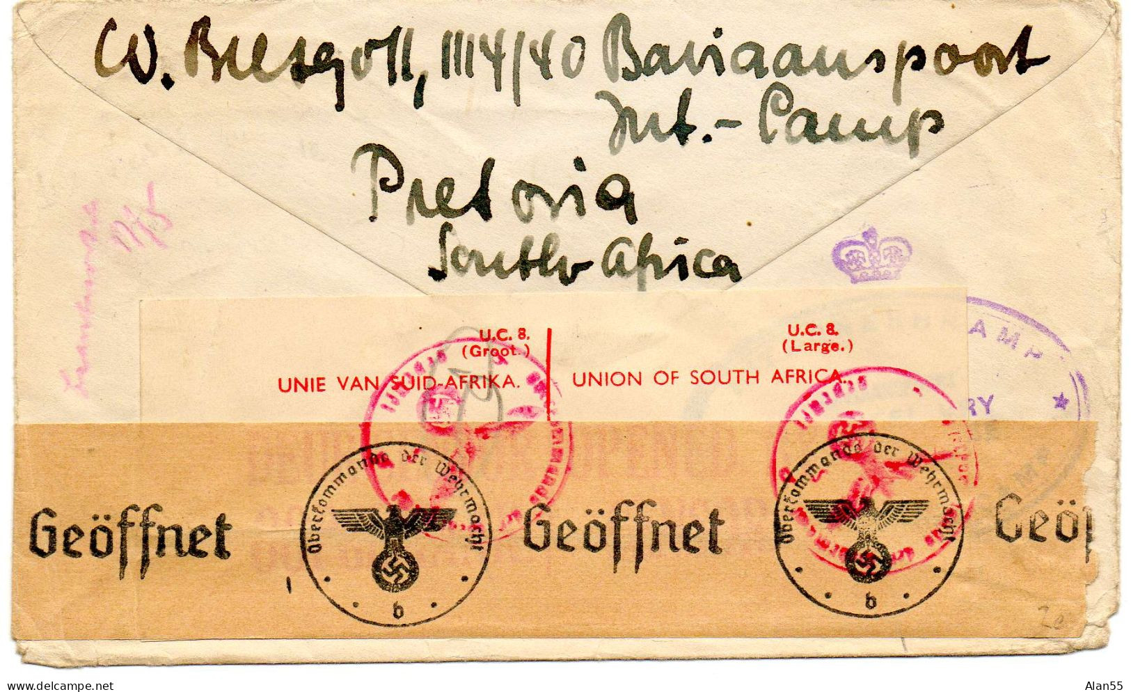 AFRIQUE DU SUD.1942.LFM."INTERNE ALLEMAND. CAMP DE BARIAAUSPORT". POUR  ALLEMAGNE.DOUBLE CENSURE - Covers & Documents