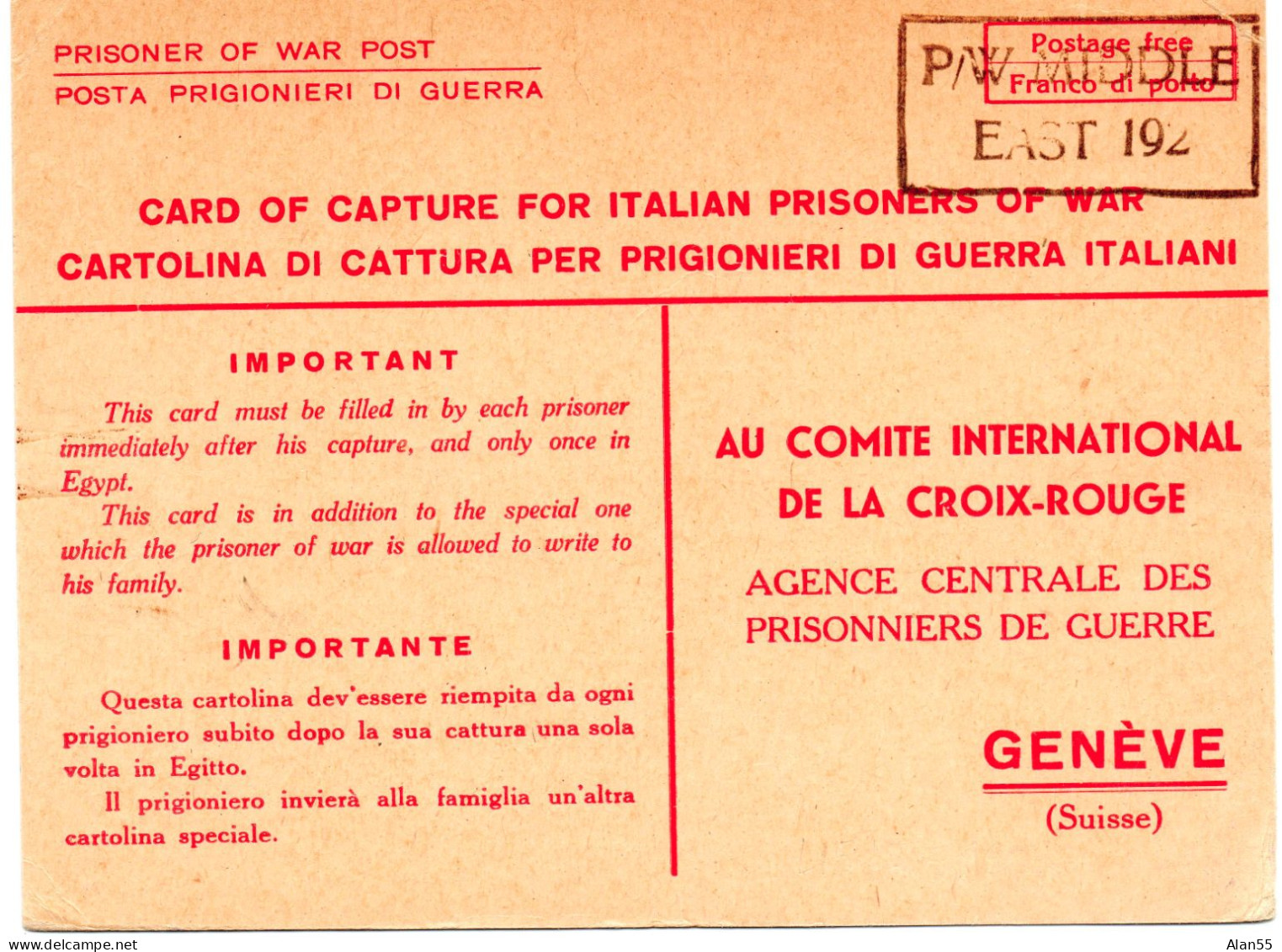 EGYPTE.1942. AVIS DE CAPTURE. "P/W MIDDLE EAST 192".ITALIEN PRIS.DE GUERRE.VIA C.I.C.R. GENÈVE . CENSURE. - Covers & Documents
