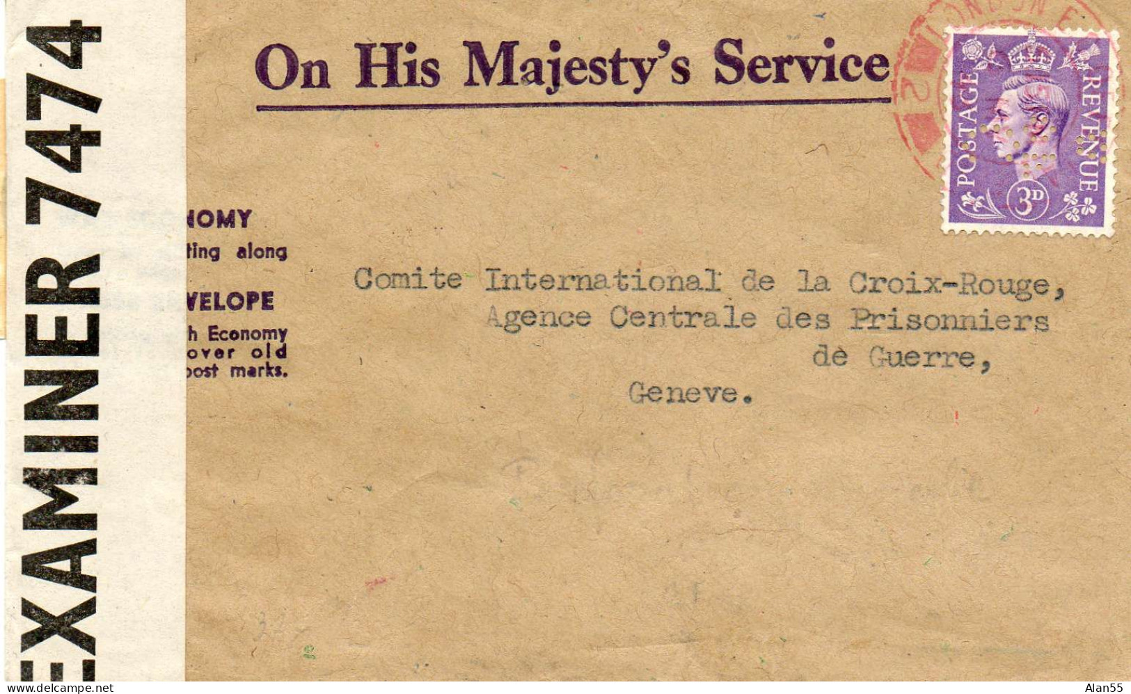 GRANDE-BRETAGNE.1940.PERFORE. POUR CROIX-ROUGE GENÈVE (SUISSE). DOUBLE CENSURE. - Perforés