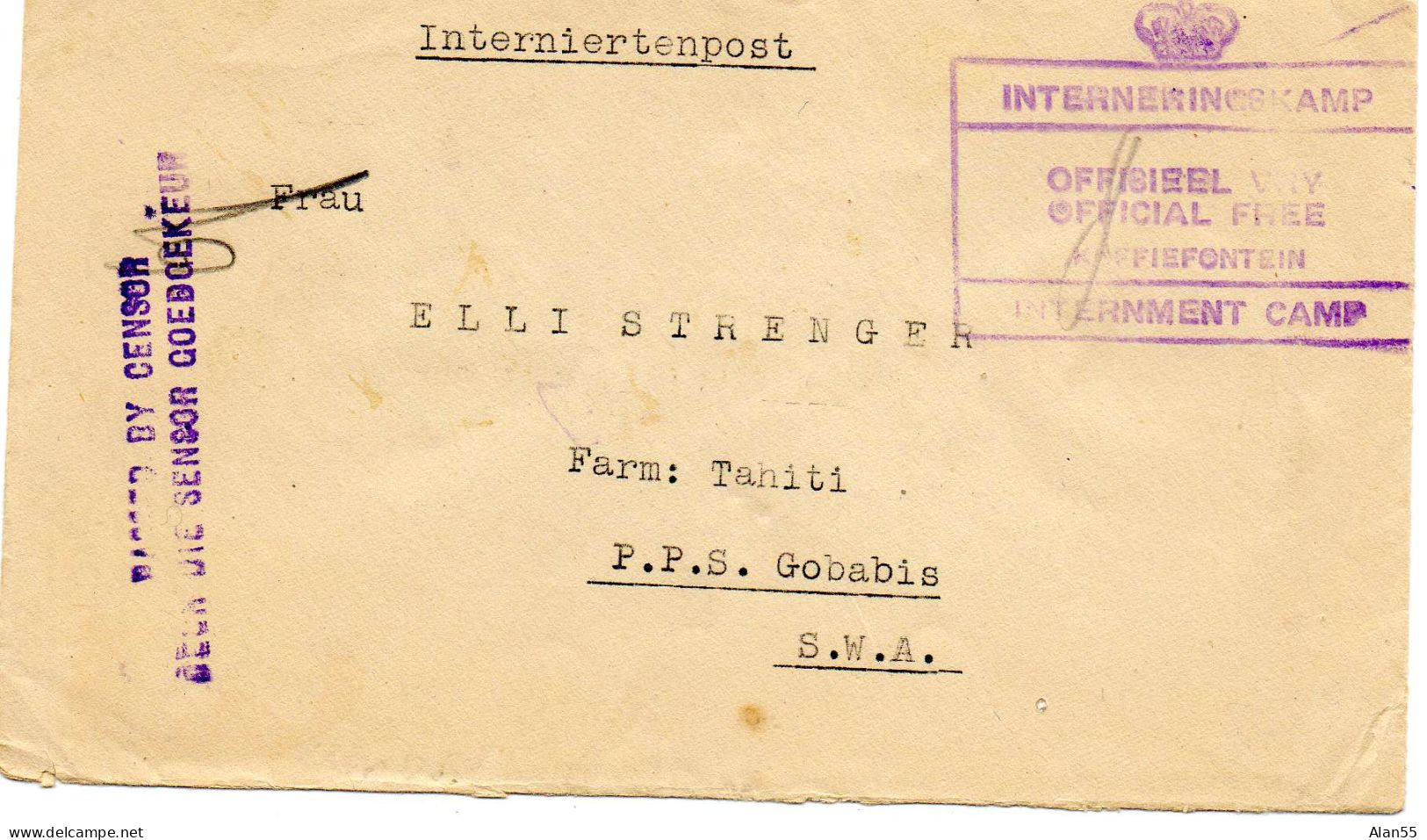 AFRIQUE DU SUD.1946. "INTERNEMENT CAMP". CENSURE - Lettres & Documents