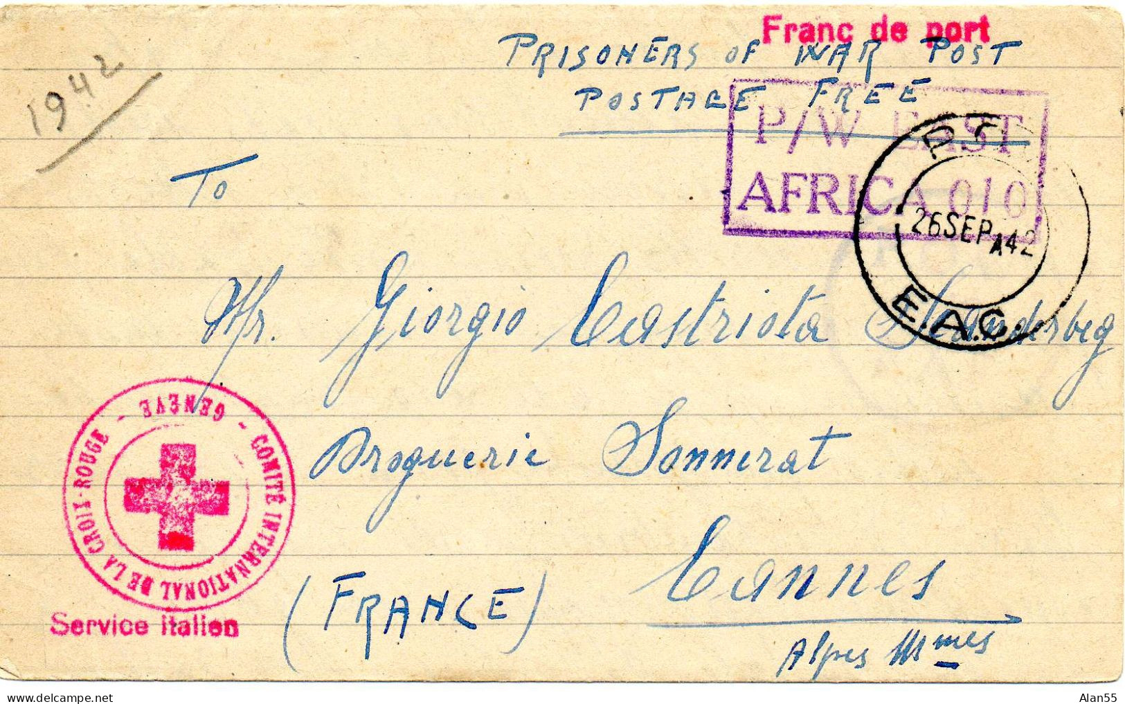 EAST AFRICA COMMAND.1942. "INTERNE ITALIEN. CAMP 356". PAR C.I.C.R.GENÉVE (SUISSE).FRANCE.CENSURE. LAC. - Covers & Documents