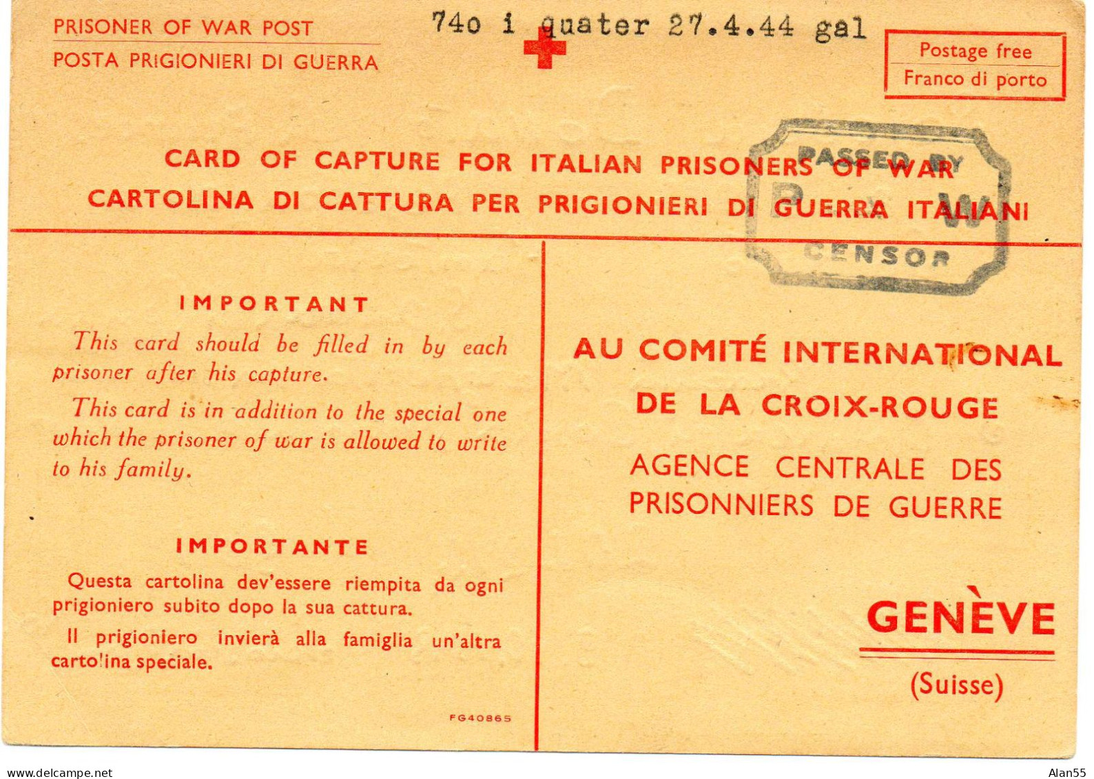 AFRIQUE DU SUD.1944. AVIS DE CAPTURE."INTERNE ITALIEN. CAMP 301". POUR C.I.C.R.GENÉVE (SUISSE).CENSURE - Covers & Documents