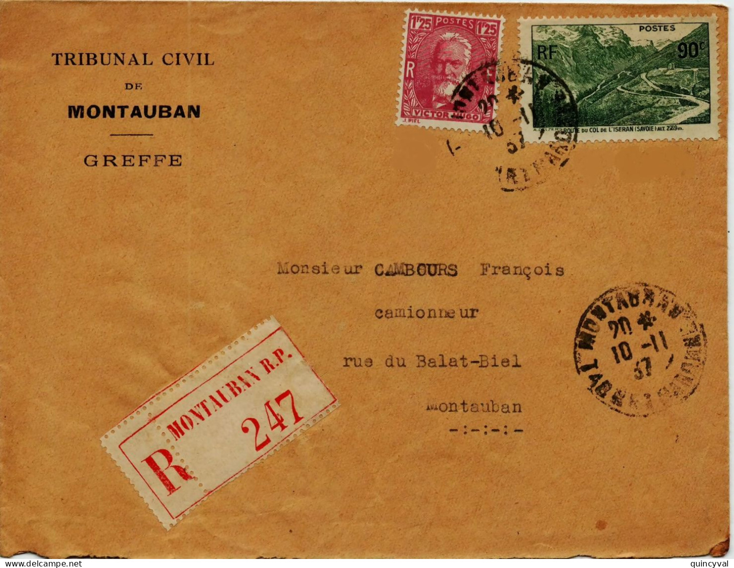 MONTAUBAN Tarn Et Garonne Lettre Recommandée Entête Tribunal Greffe 1,25 F Victor Hugo 90c Iseran Yv 304 358 - Cartas & Documentos