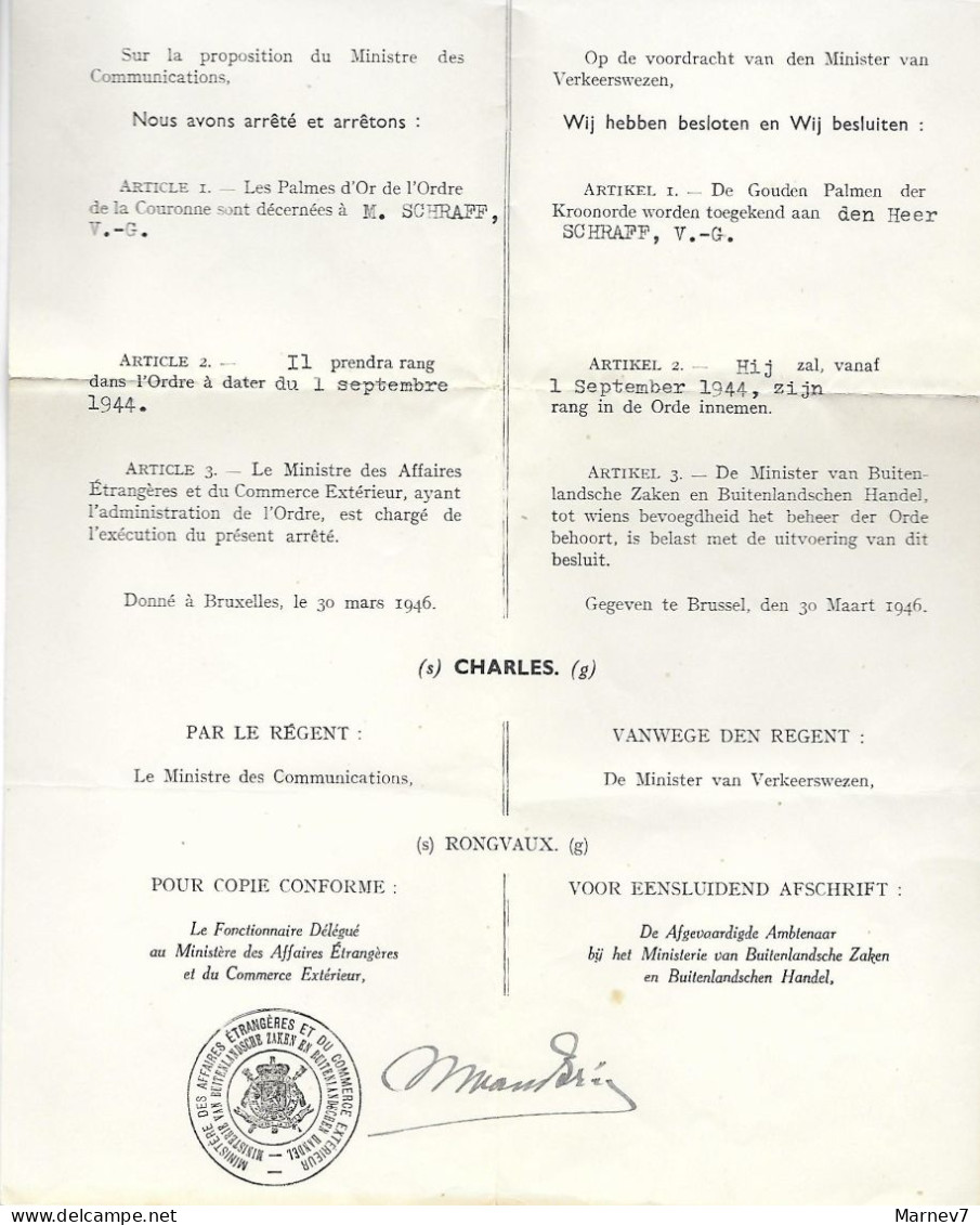 Arrêté De Charles Prince De Belgique Régent Du Royaume 30 Mars 1946 - Cachet Et Signature Ministère Affaires Etrangères - Decrees & Laws