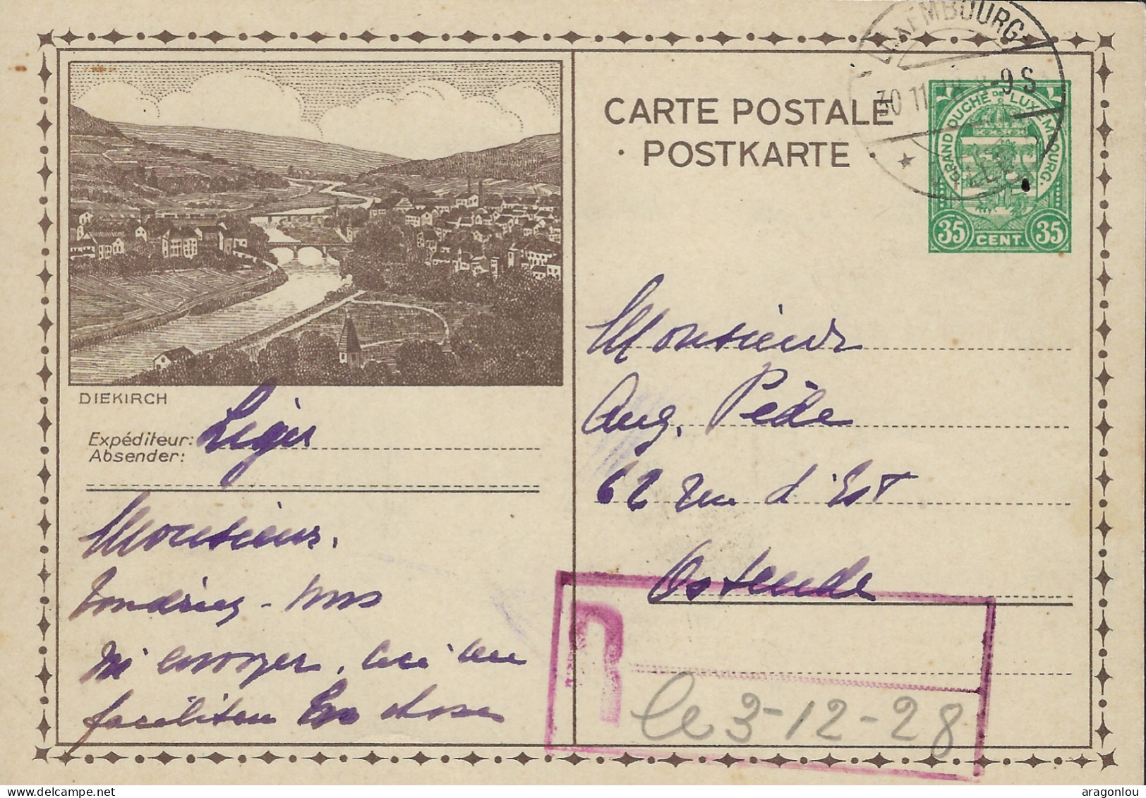 Luxembourg - Luxemburg - Carte - Postale 1928    Diekirch -  Cachets   Luxembourg - Ganzsachen