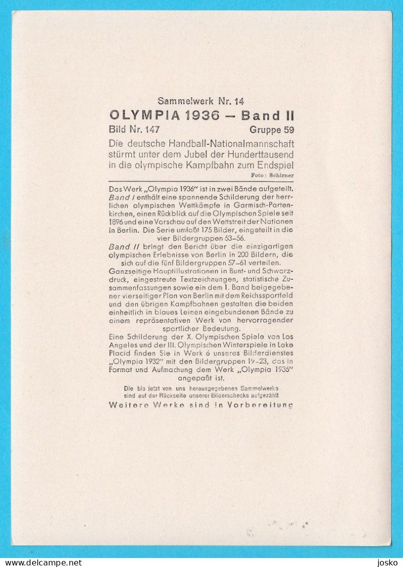 OLYMPIC GAMES BERLIN 1936 - GERMAN HANDBALL TEAM IN FINAL MATCH (Gold Medalist) * Pallamano Balonmano - Tarjetas