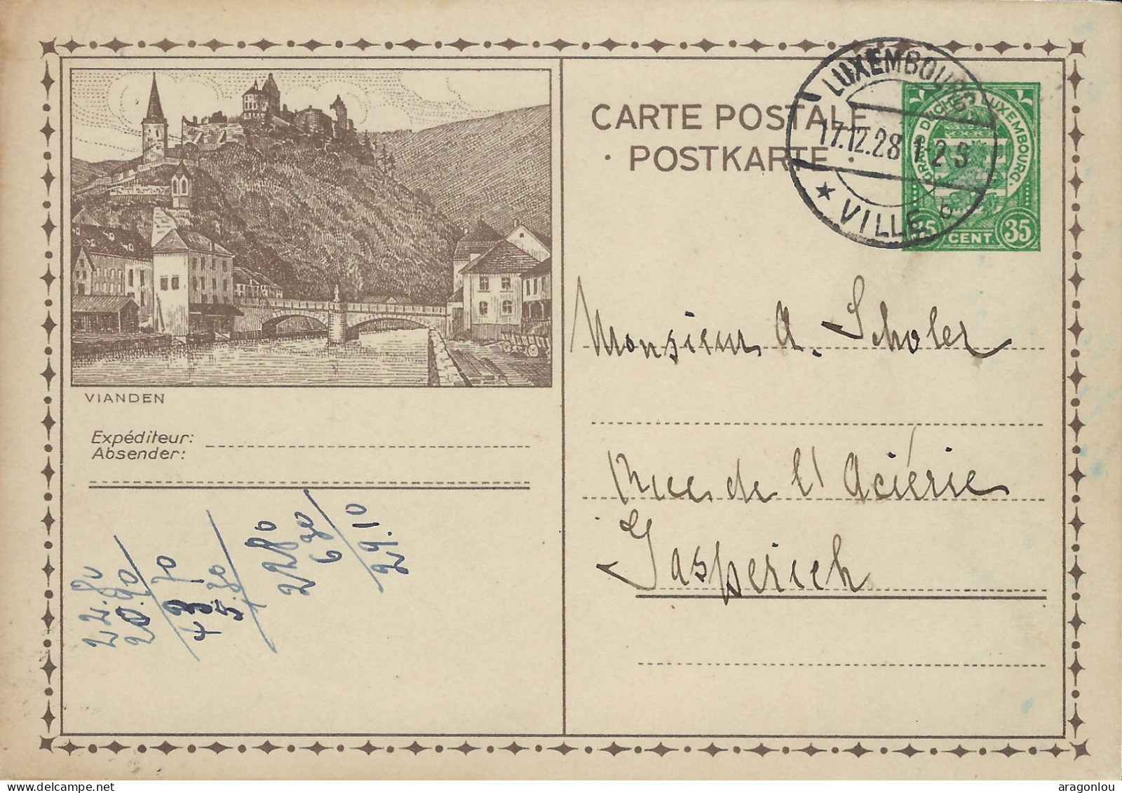 Luxembourg - Luxemburg - Carte - Postale 1928    Vianden -  Cachets   Luxembourg - Ville - Stamped Stationery