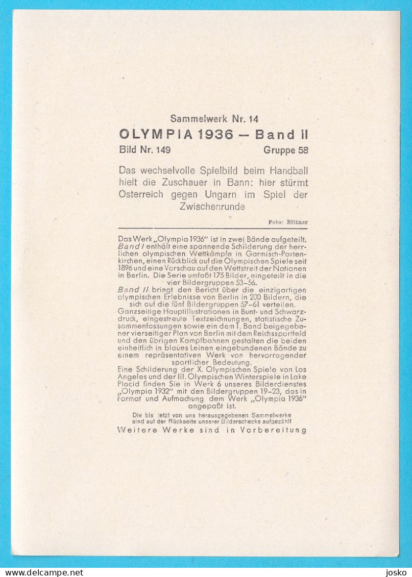 OLYMPIC GAMES BERLIN 1936 - HANDBALL MATCH AUSTRIA Vs HUNGARY * Pallamano Balonmano Osterreich - Trading Cards