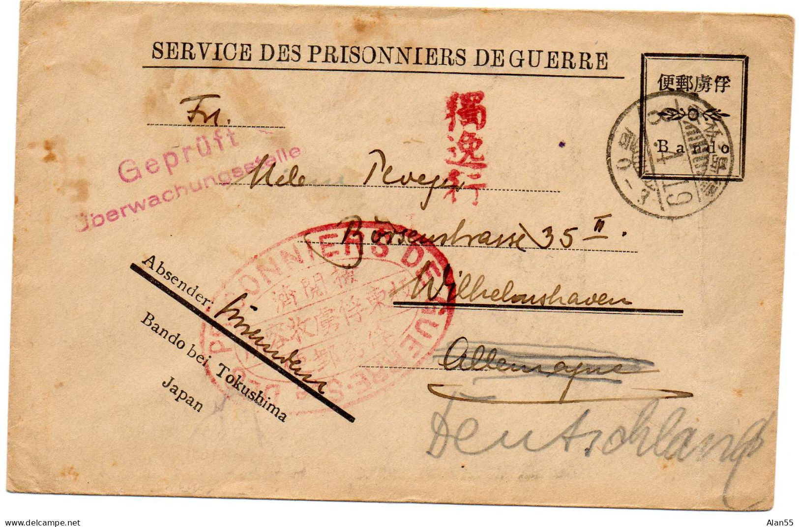 JAPON.1919. RARE.  PRISONNIER DE GUERRE ALLEMAND/CAMP DE BANDO (JAPON). DOUBLE CENSURE POUR ALLEMAGNE - Brieven En Documenten