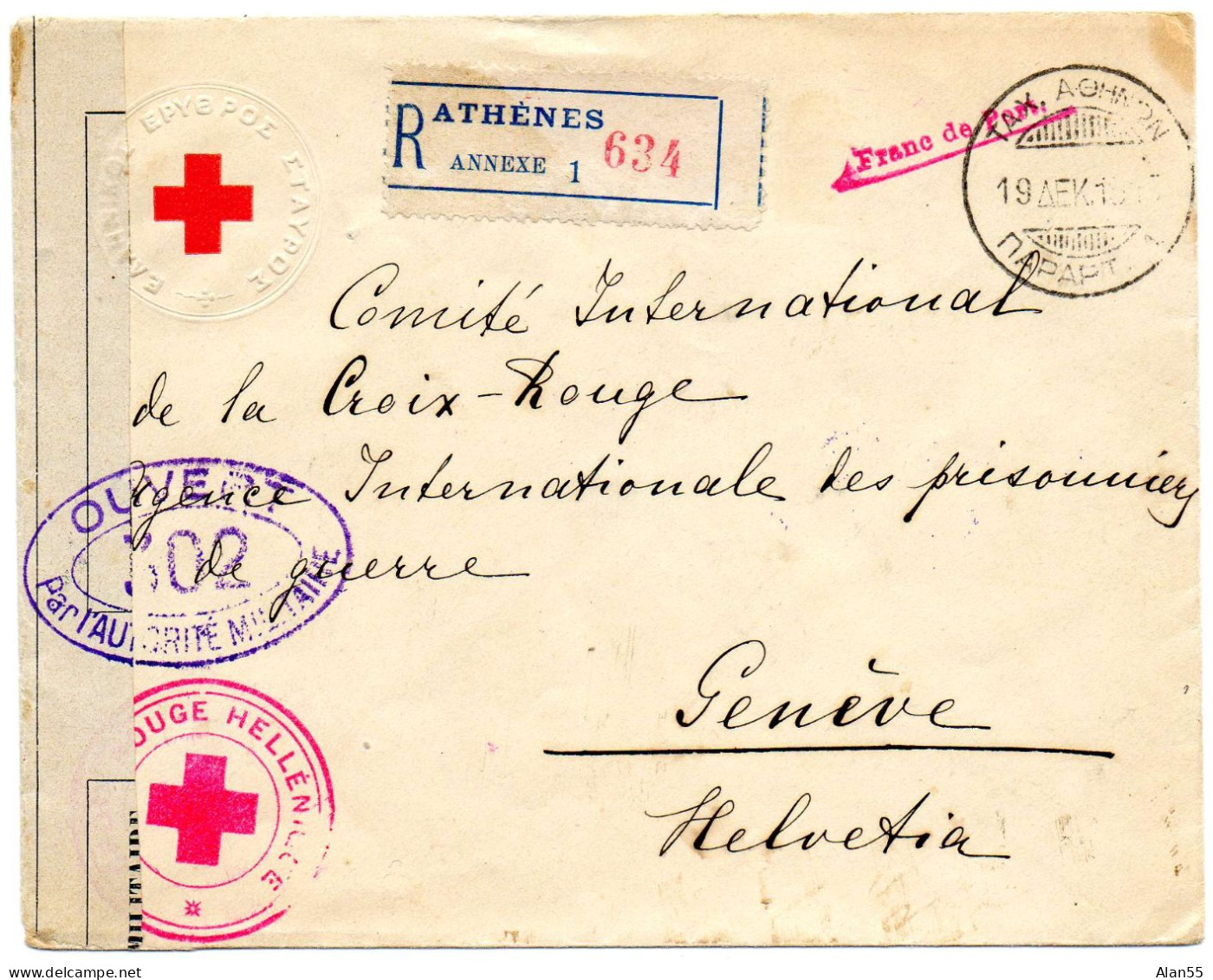 GRECE.1916. CROIX-ROUGE HELLENIQUE.L.R.POUR LA SUISSE..CENSURE FRANCE. - Postal Logo & Postmarks