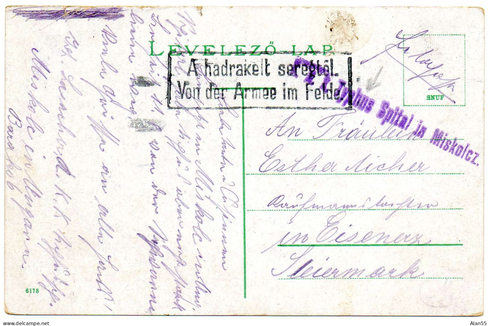 HONGRIE.1914/18. RARE CPFM ."K.U.K.TYPHUS SPITALIN MISKOLCZ".CENSURE. - Covers & Documents