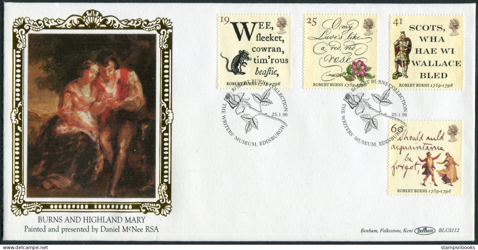 1996 GB Robert Burns First Day Cover, Writers' Museum, Edinburgh Benham BLCS 112 FDC - 1991-2000 Dezimalausgaben