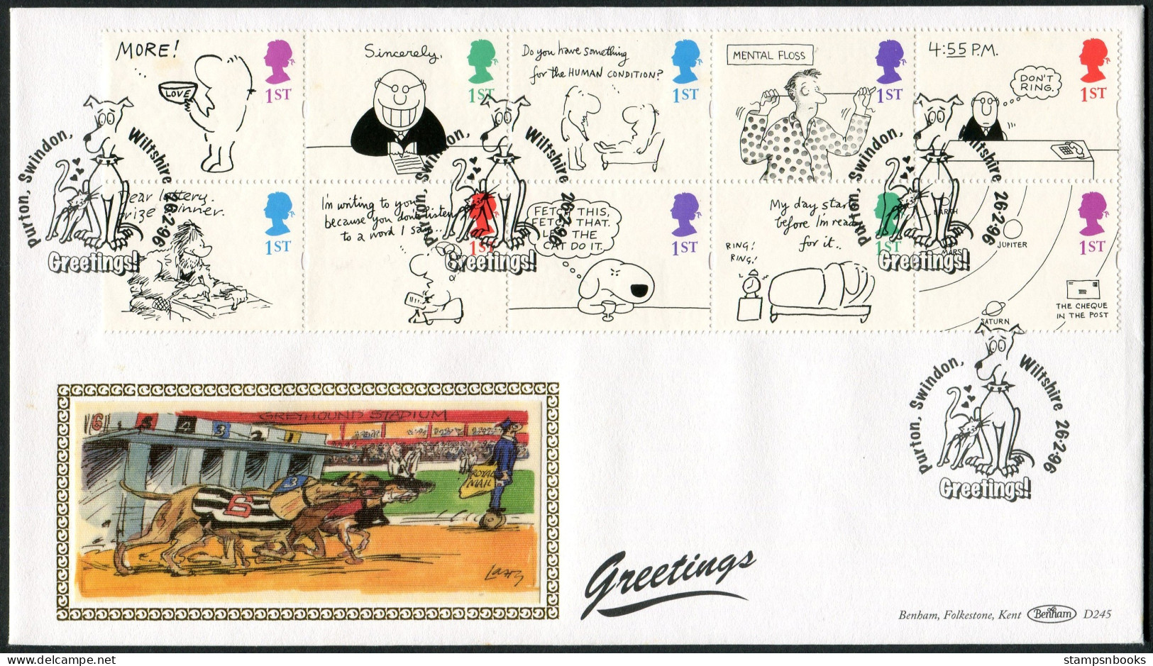 1996 GB Greetings Cartoons First Day Cover,  Purton Swindon Greyhound Racing, Cat & Dog Love Benham FDC D245 - 1991-2000 Em. Décimales